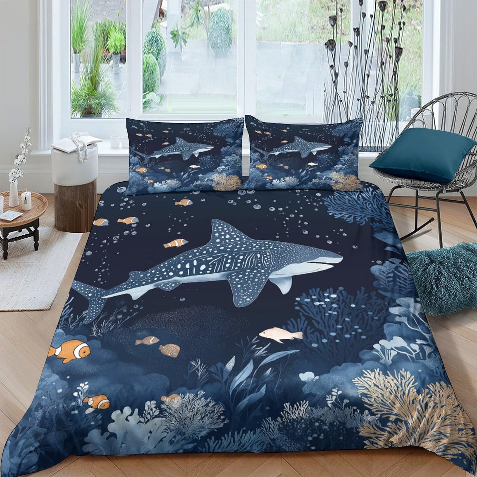 Ctjqhvkz Style-10 3D Printed Whale Shark Ocean Fitted Sheet Microfiber Soft Navy Blue Fish Mattress Cover Bedroom Decor Single（135X200cm）