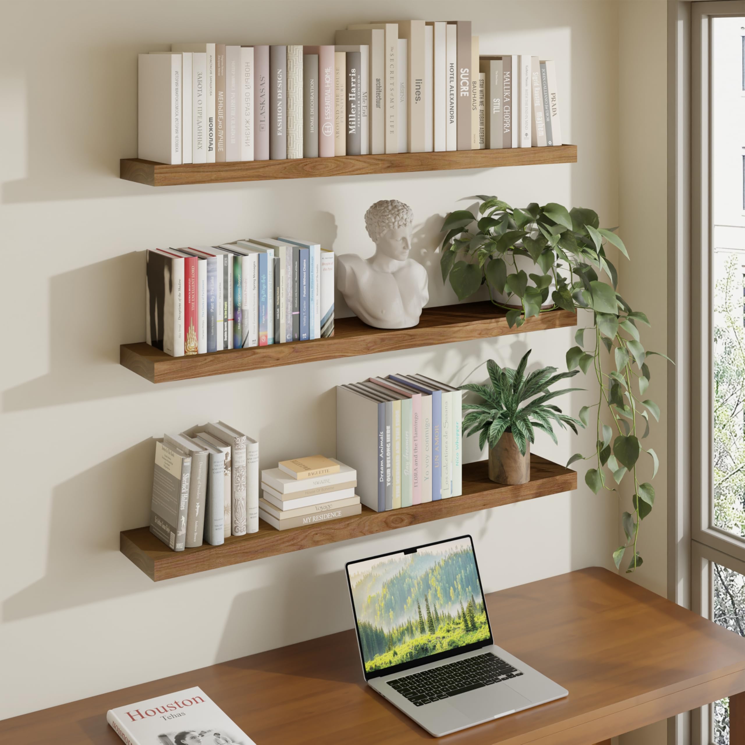 ROGMARS 36 Inches Long Walnut Floating Shelves,Rustic Solid Wood Farmhouse Wall Shelves with Invisible Brackets for Bathroom, Living Room, Bedroom,