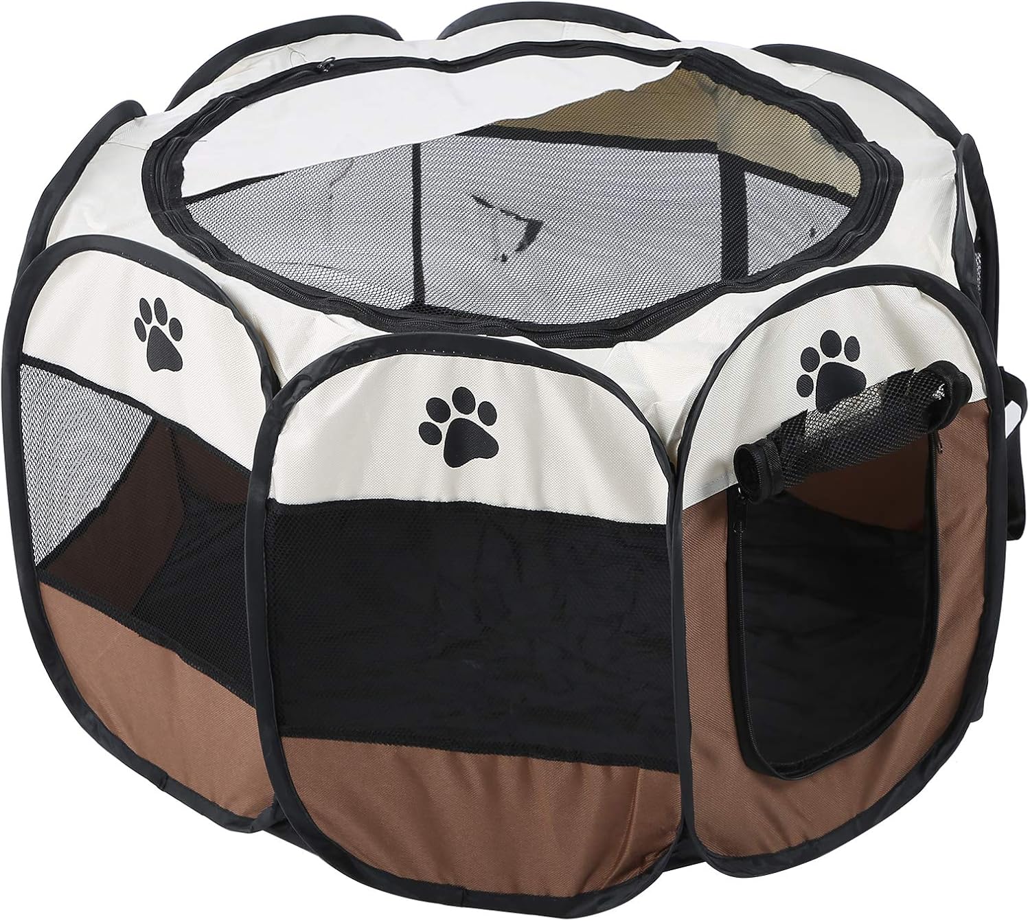 Pet Playpen, Portable Foldable Dog Exercise Kennel Indoor/Outdoor Mesh Open-Air Cage for Puppy Cats Kittens Rabbits, Coffee Color