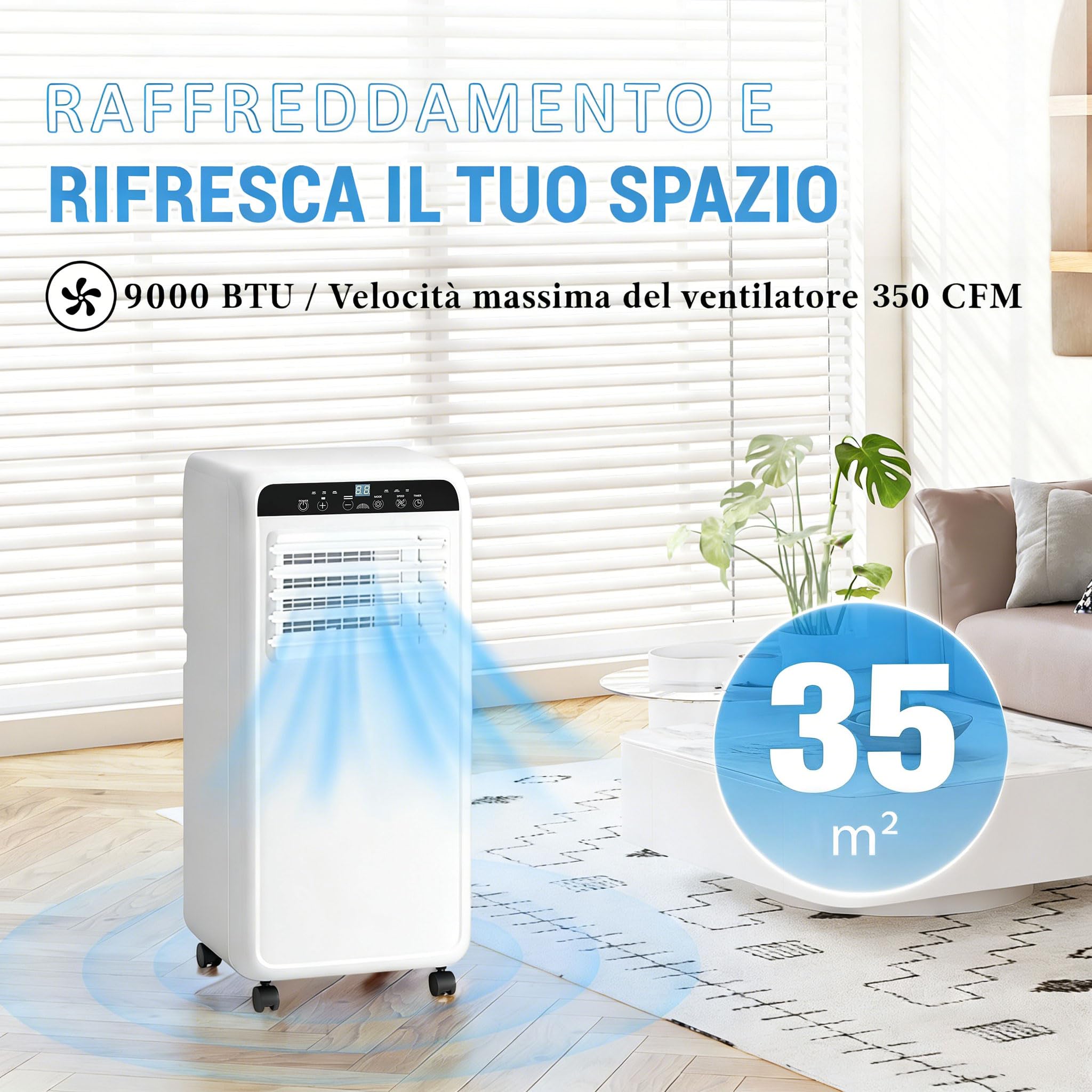 Climatizzatore portatile 9000 BTU 3-in-1 fino a 35 m²: raffreddamento, ventilazione e deumidificazione. Con telecomando, kit installazione, timer 24h e funzionamento silenzioso