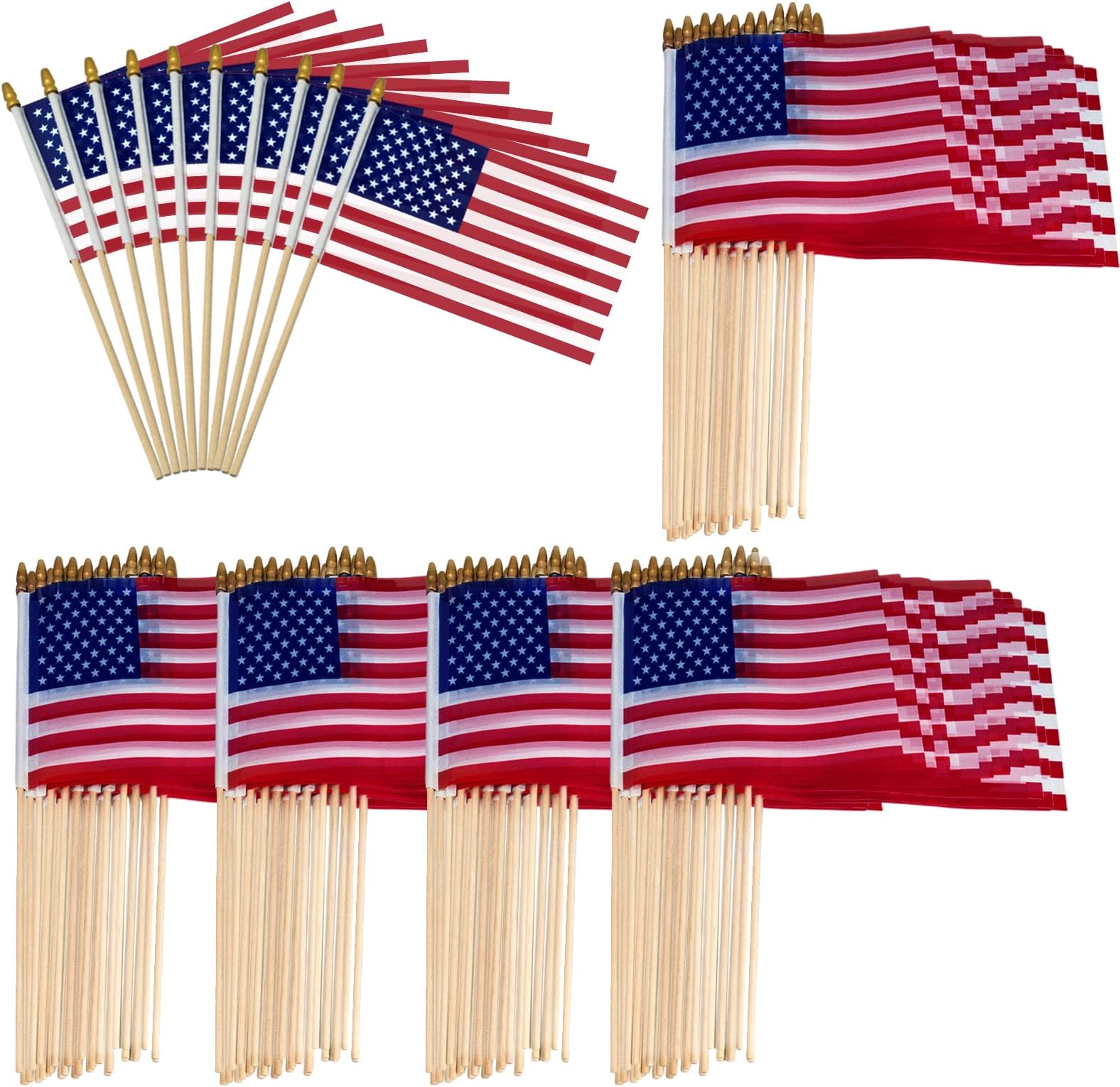 110 Pcs Small American Flags on Stick - 5x8 Inch Mini American Flags with Safety Spear Tip - Bulk Solid Wooden Pole Handheld US Flag for Parades Independence Day Memorial Day 4th of July Decorations