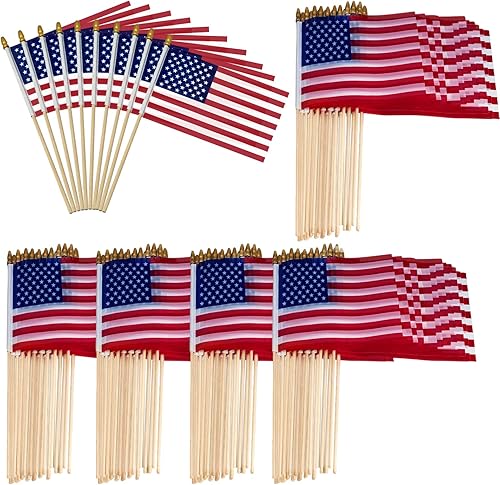 110 banderas americanas pequeñas en palo  8 x 12 pulgadas Mini banderas americanas con punta de lanza de seguridad  Bandera de Estados Unidos de