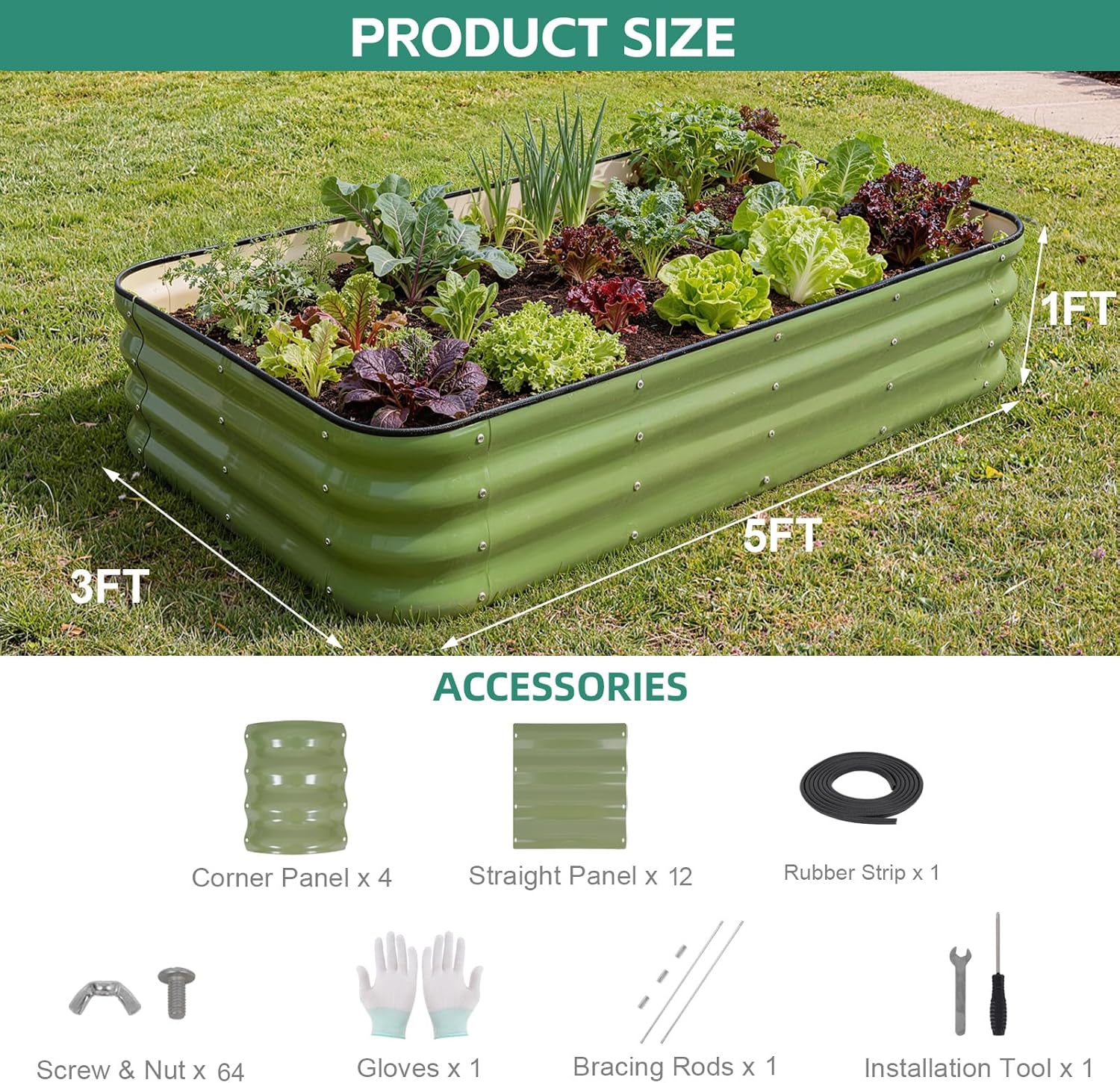 4 in 1Galvanized Raised Garden Bed - 5x3x1ft Modular Garden Planter Bed Outdoor | Steel Raised Bed Kit with Bracing Rods, Gloves for Gardening Vegetables Fruits and Flowers (Green)