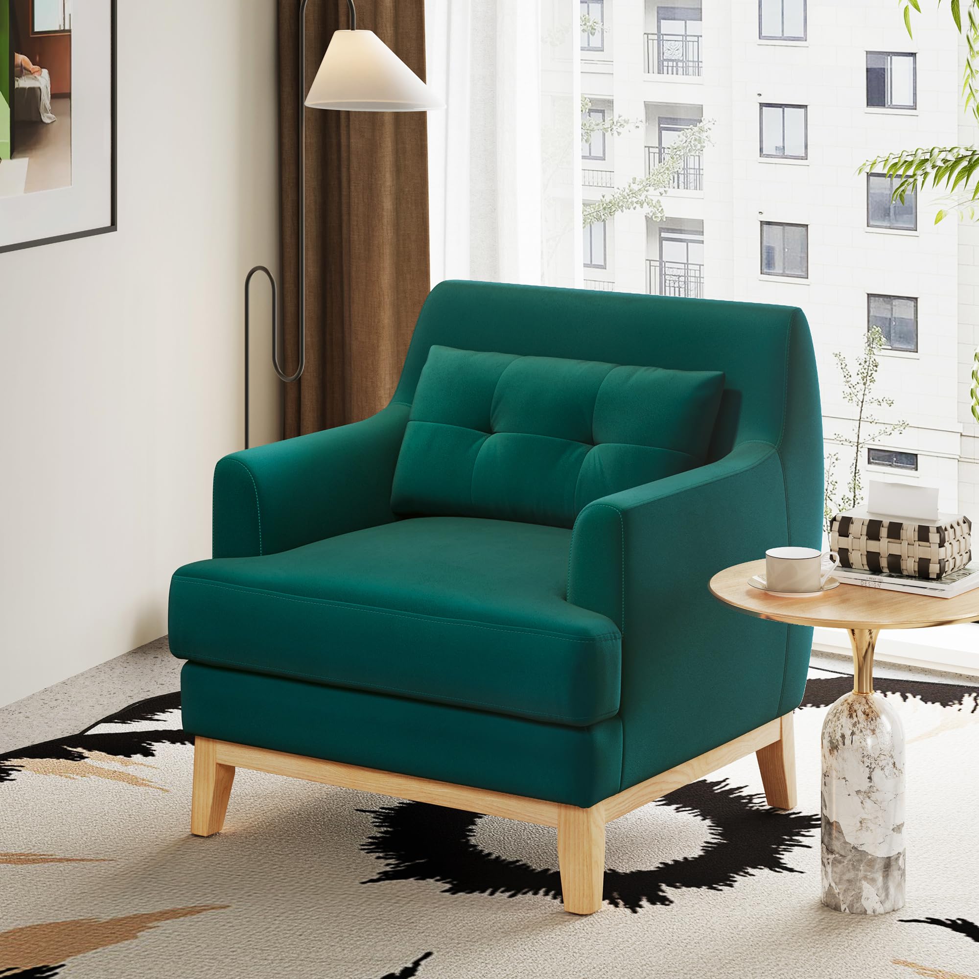 LINSY Accent Chair, Large Reading Chair with Rubberwood Base, Mid Century Modern Armchair with Lumbar Pillow, Cozy Single Sofa Chair for Living Room