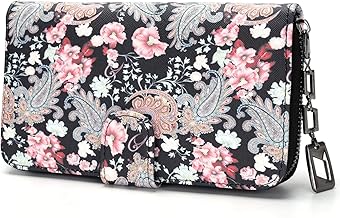 Women's Large Purse in Long Format, Purse with Flowers and Blossom Pattern in Mandala and Ethnic Style, Purse with Zip and Press Stud and Many Compartments