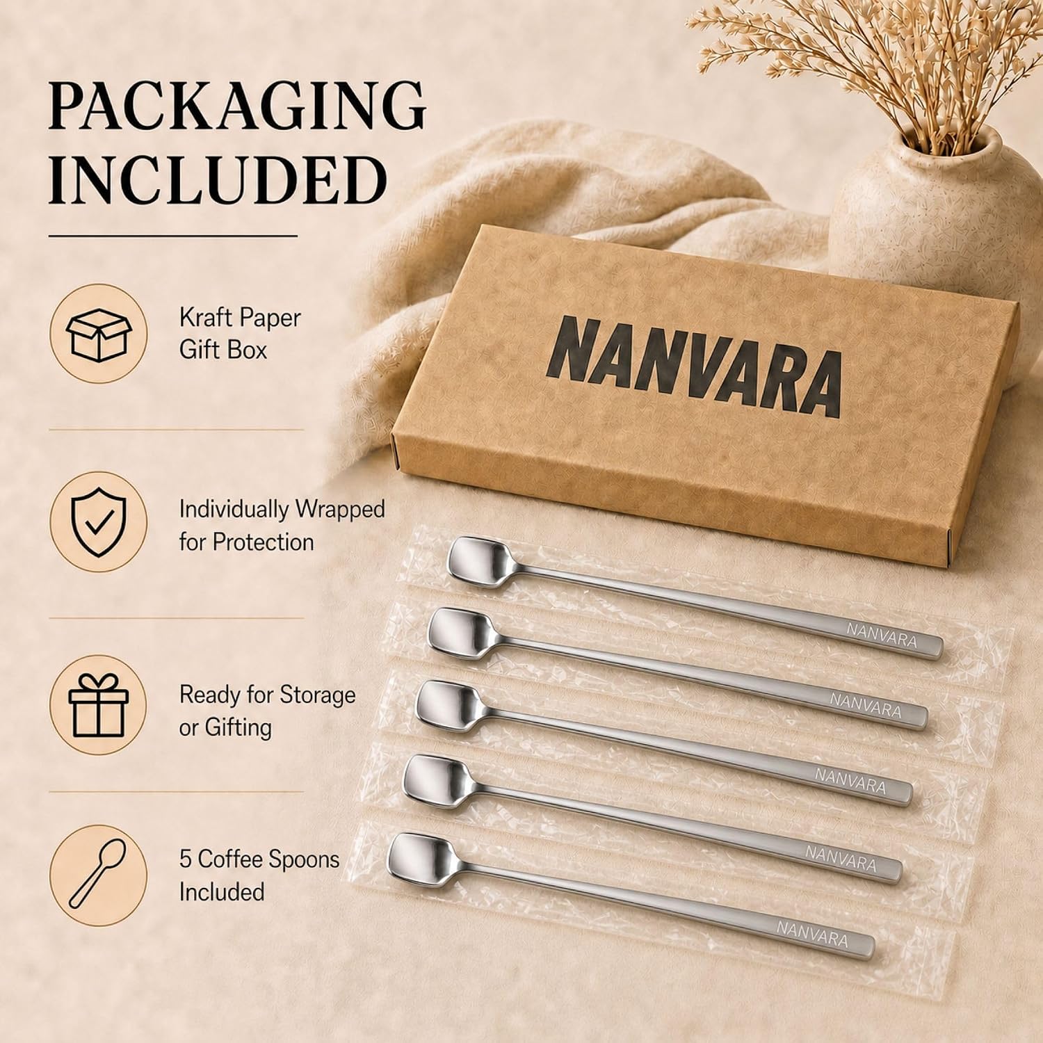Coffee Stirrers Set of 5 Coffee Spoons 6.9 Inch 304 Stainless Steel Long Handle Stir Sticks Square Head spoons for Iced Coffee Tea Espresso Dessert