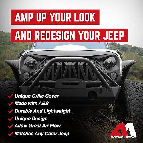 Miniatura 3 de American Modified Aggressive Front Shark Grille compatible con Jeep Wrangler 2007 a 2018, JKJKU, Rubicon y modelos deportivos Sahara, negro mate