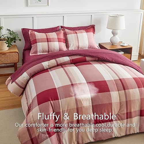 Miniatura 4 de AIKASY Bed in a Bag - Juego de edredón reversible de microfibra suave de 6 piezas, diseño de cuadros rojos, para todas las estaciones (1 edredón, 1