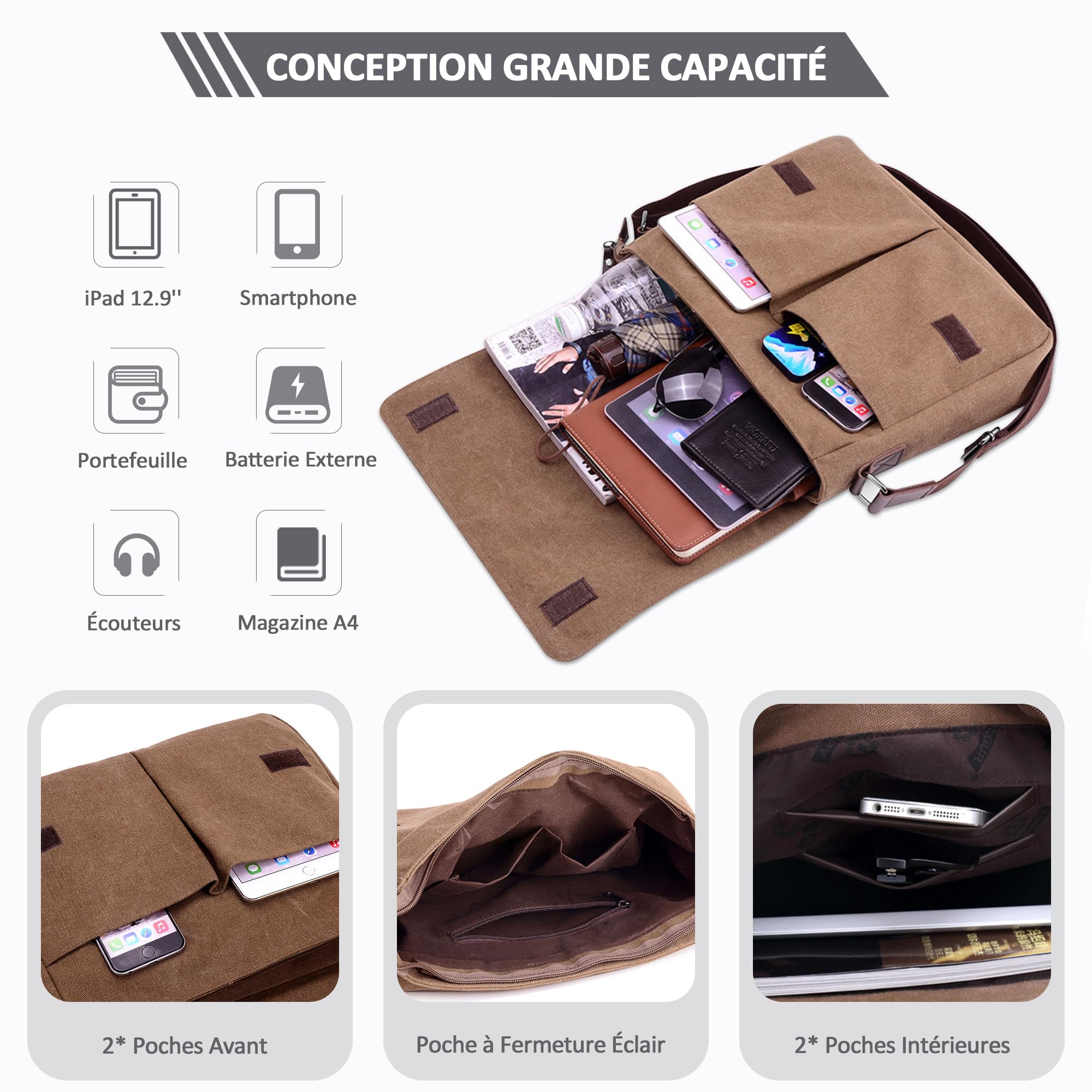 Sacs Bandoulière Anti-vol pour Homme, Sac Messager Toile, Sacoche PC Portable 14 Pouces Brun