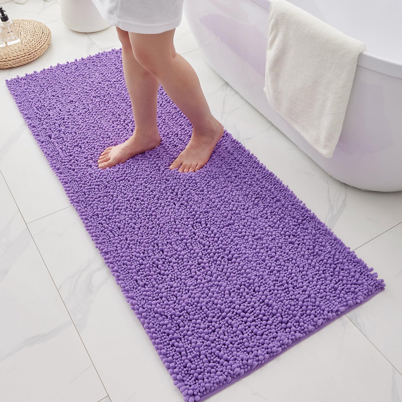 Chenille Bathroom Rugs 55x24 Absorbent Soft Non Slip, Purple