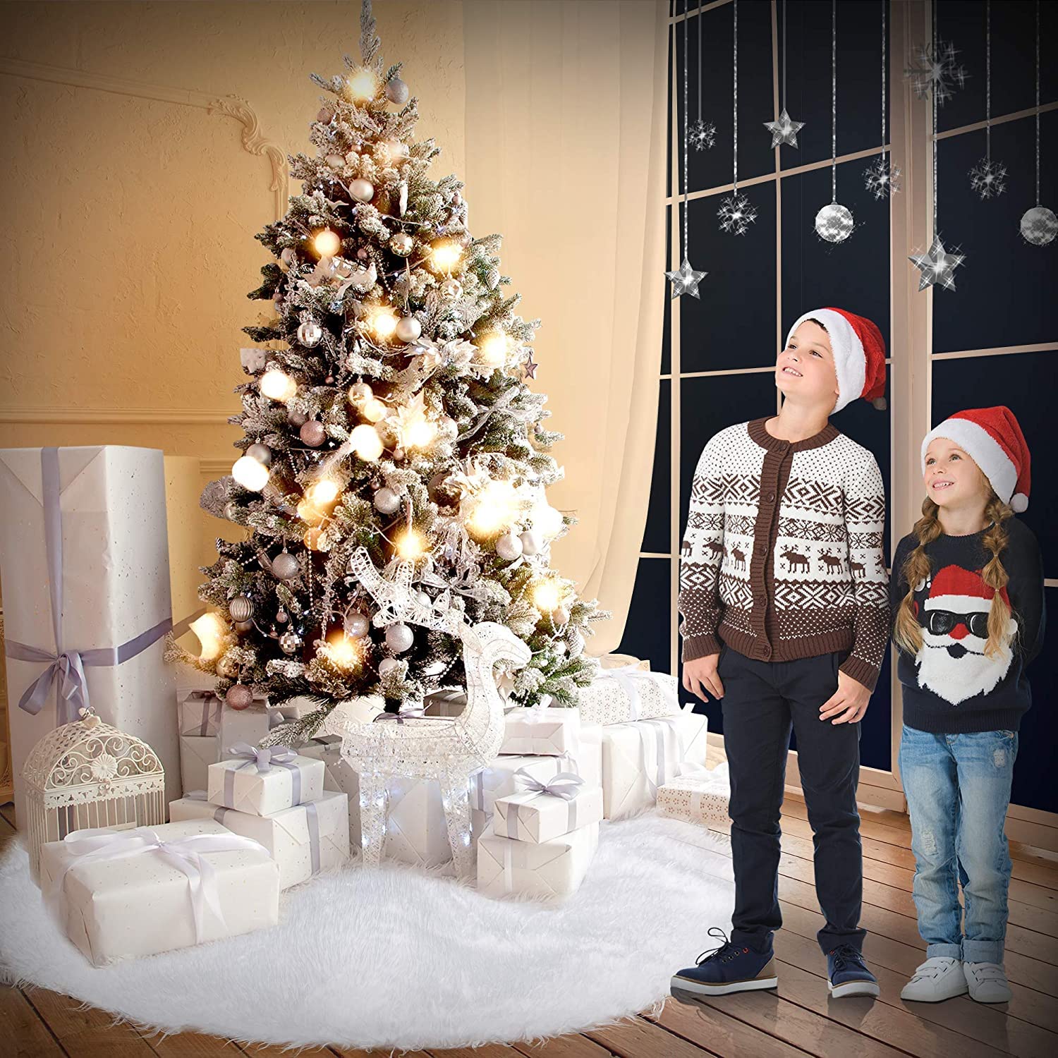 Jupe de Sapin Noel Blanc 48Inch Tapis de Sapin Couvre Pied Arbre de Noël Décoration 122cm