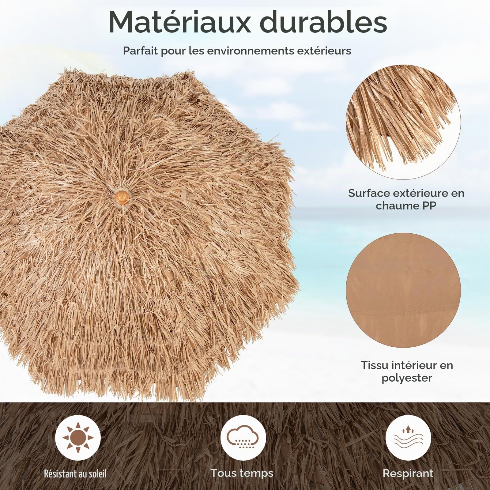 KOMFOTTEU Parasol Style Hawaïen, Hauteur 218 cm, Sac Transport, Pied Pliant