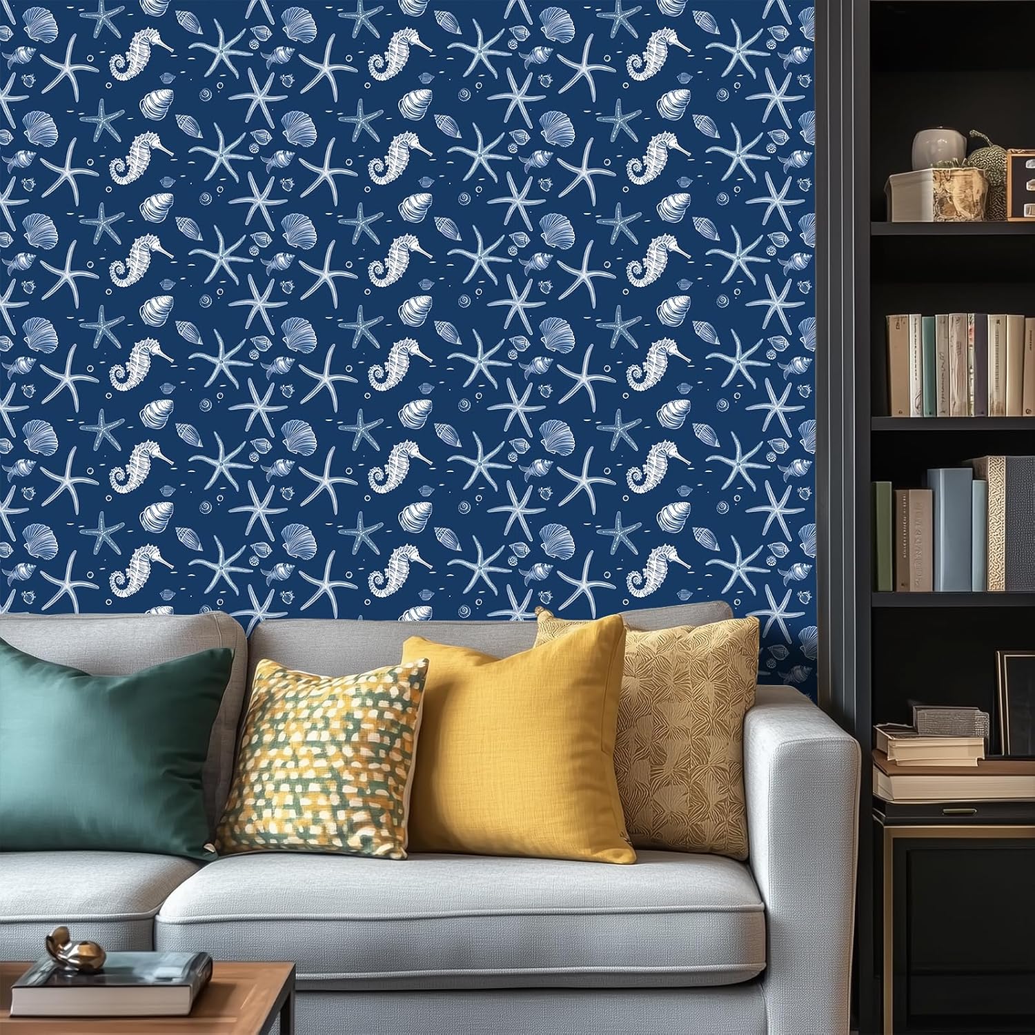 Ocean Sea Life Wallpaper Peel and Stick Vinyl Self-Adhesive Removable Contact Paper Starfish, Seahorse, and Shell Design for Walls Countertops Cabinets Home Decor 15.7x39.4