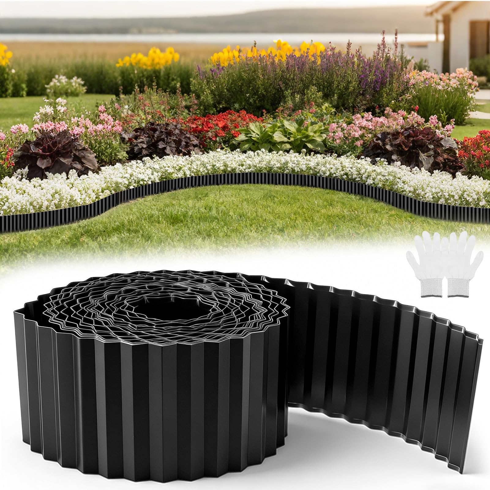 wowspeed Black Metal Garden Edging Border 1PCS, 10m/32.8ft Flexible Lawn Edging for Flower Beds Plants, Patio Landscaping Pathway Borders Strip, No Digging DIY Landscape Border, Gloves Include