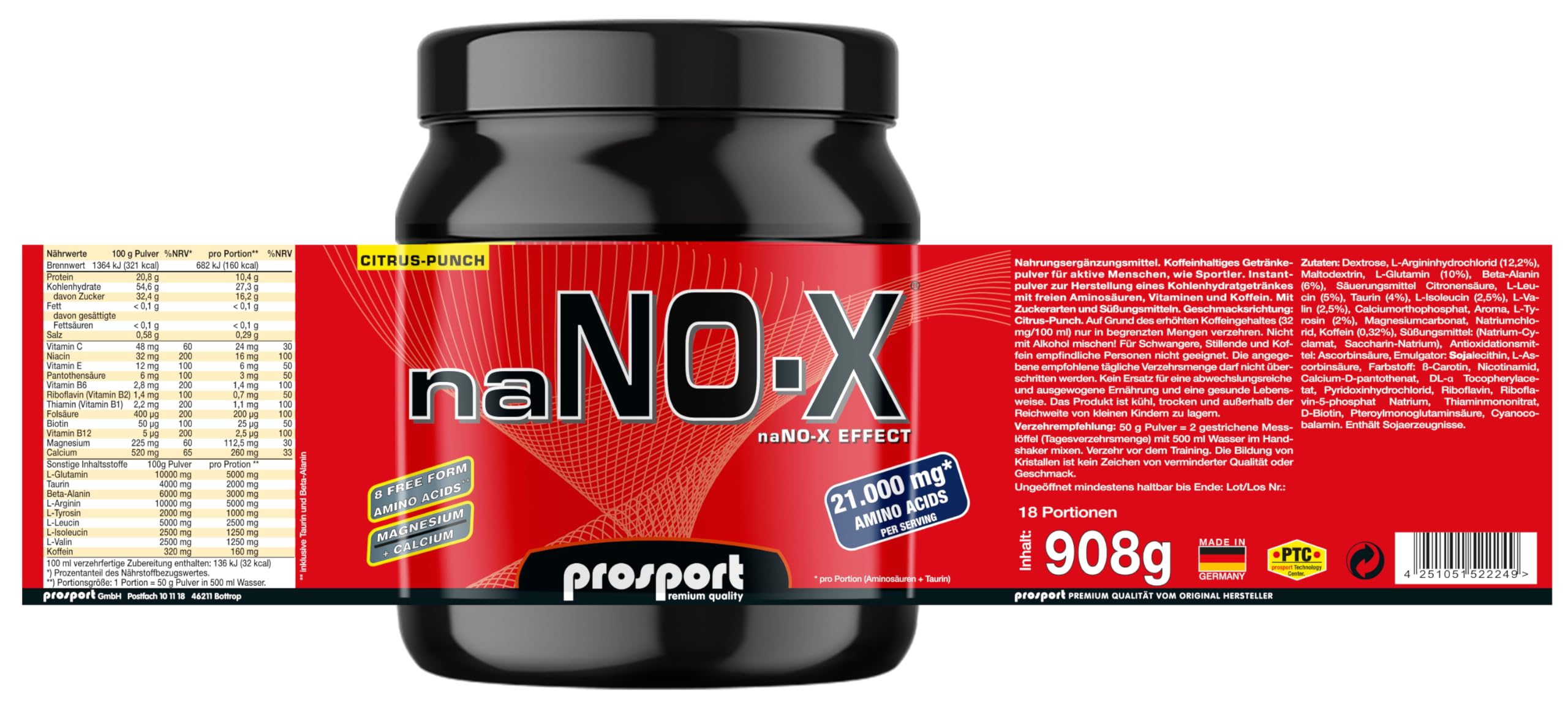 Prosport naNO-X Pre Workout Booster Citrus Punch – 908g Trainingsbooster mit Koffein, Aminosäuren, BCAA & Beta-Alanin