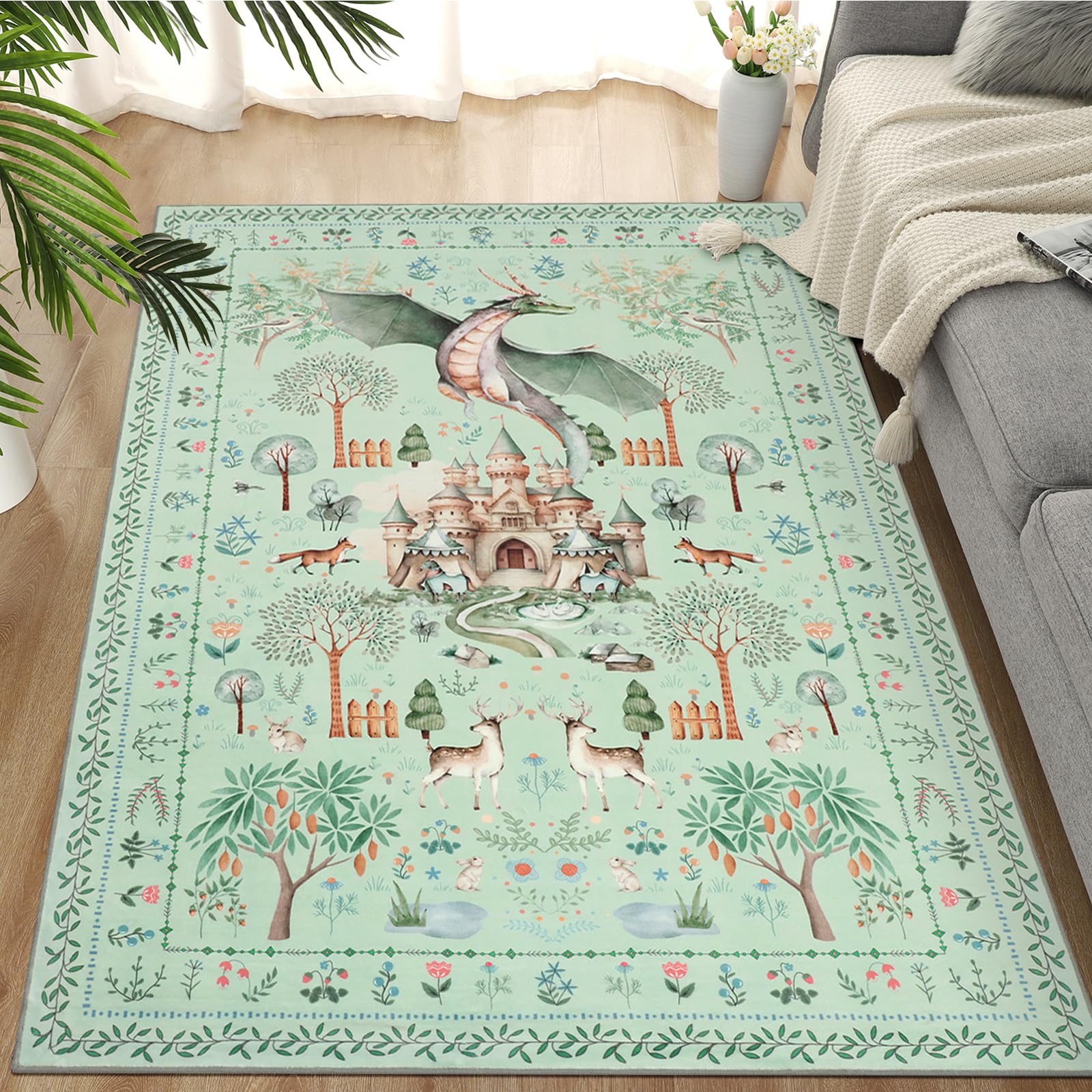 Alfombra de dragón verde para sala de estar, 120 x 180 cm