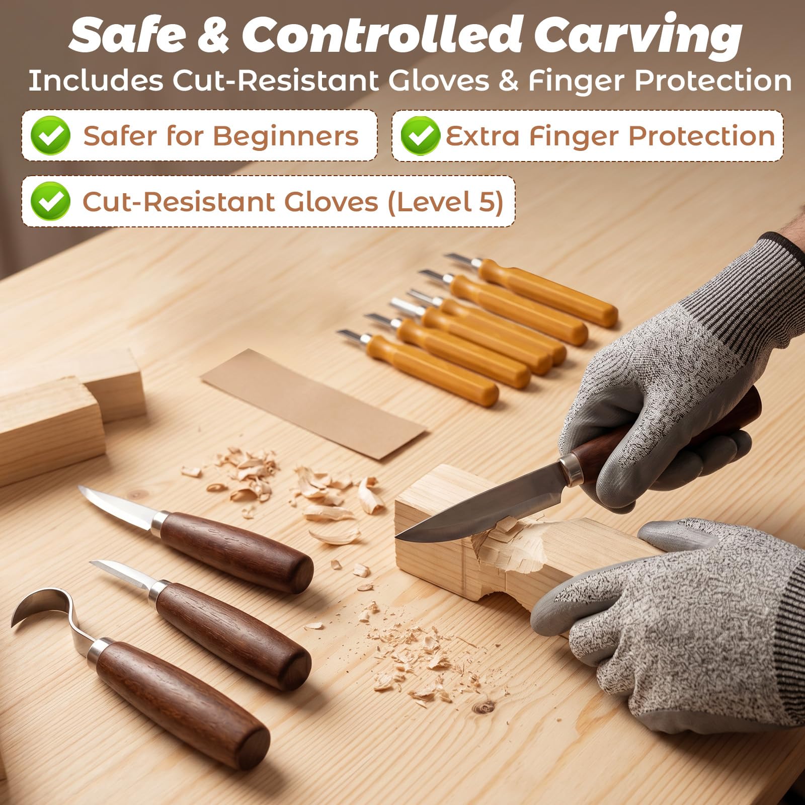 HA BIN Kit Tallado Madera 30 Piezas, Gubias y Cuchillos para Tallar Madera con Piedra de Afilar, Cuero, Guantes y Bolsa – Juego de Herramientas para Principiantes Adultos