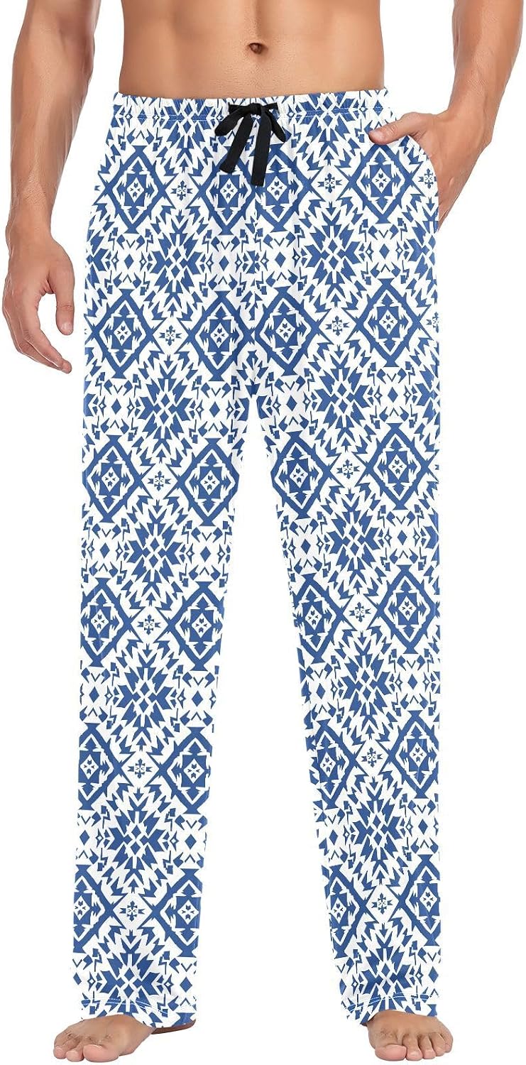 ALAZA Blue Aztec Art Ornament Men's Pajama Pants Men Cotton Pajama Bottoms with Pockets, S