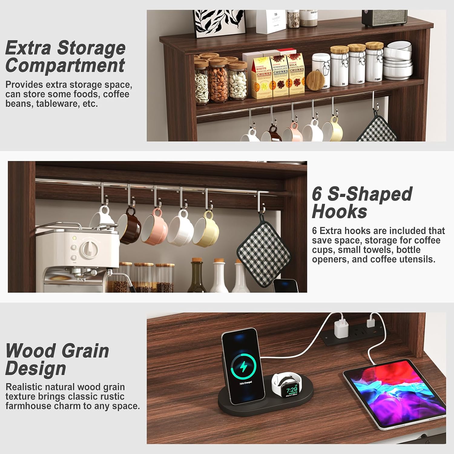 HOMFAMILIA 55.1" H Farmhouse Coffee Bar Cabinet w/Storage Hutch, Kitchen Coffee Station w/Charging Station, 6 Hook-s, Rustic Buffet Cabinet w/Sliding Barn Door&Adjustable Shelf for Kitchen, White
