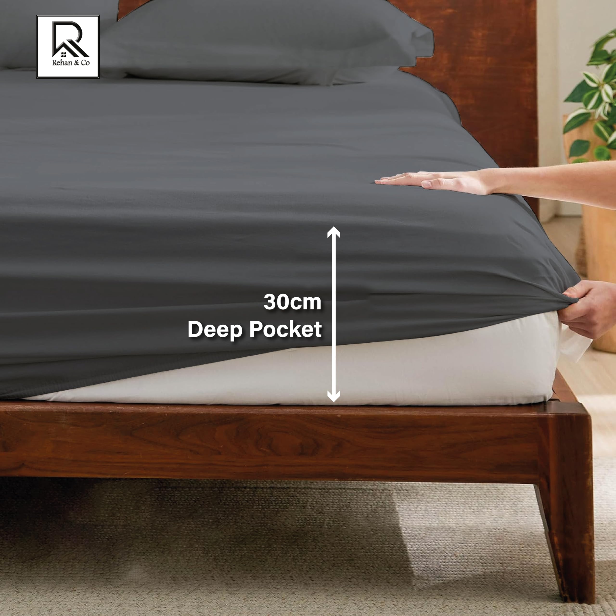 Rehan & Co 100% Egyptian Cotton Fitted Sheets 300 Thread Count Breathable Hotel Qulaity Bedding 12” / 30cm Deep Fitted Bed Sheet. (Charcoal Fitted Sheet - Image 4