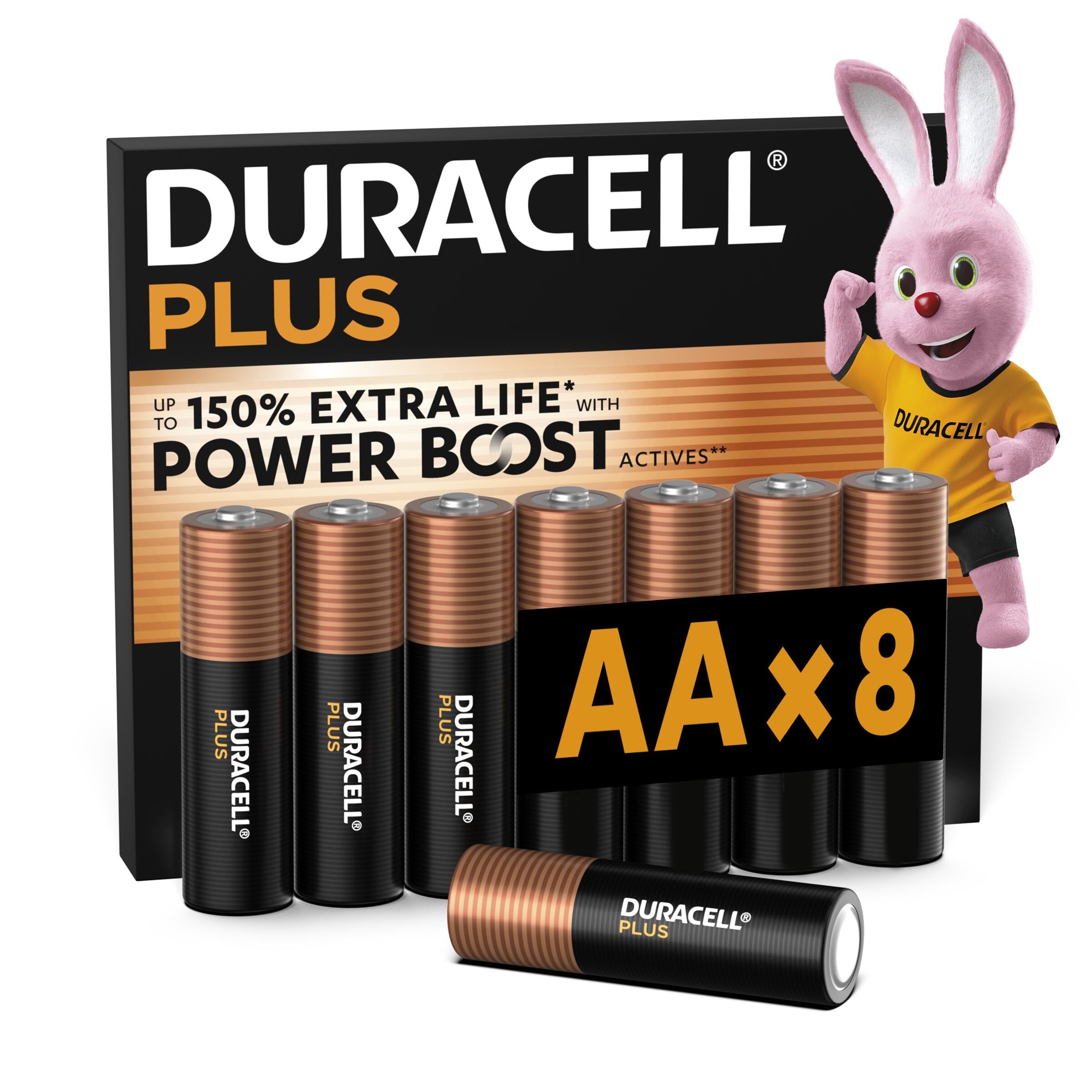 DURACELL Plus AA Batteries (8 Pack) – Alkaline Batteries 1.5V – Up to 150% Extra Life with POWER BOOST Actives– Reliability For Everyday Devices – 0% Plastic Packaging – 10-Year Storage - MN1500