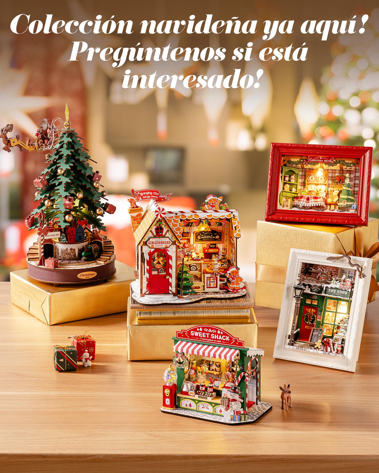 Rolife Maquetas Puesto de Dulces de Navidad-170 Piezas DIY Miniature House Diorama, Casas Miniaturas para Montar Puzzle 3D Madera para Adultos ¡Ningún Pegamento Necesario Adornos de Navidad