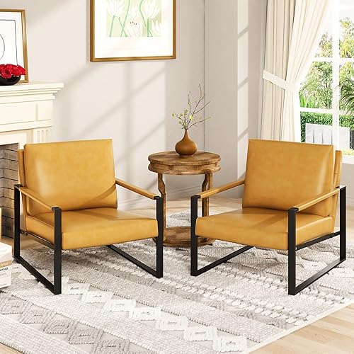 Miniatura 6 de AWQM Leather Accent Chair Set of 2 Sofa Chair with Extra-Thick Padded Backrest and Seat Cushion Single Sofa for Living Room Bedroom, Black Metal