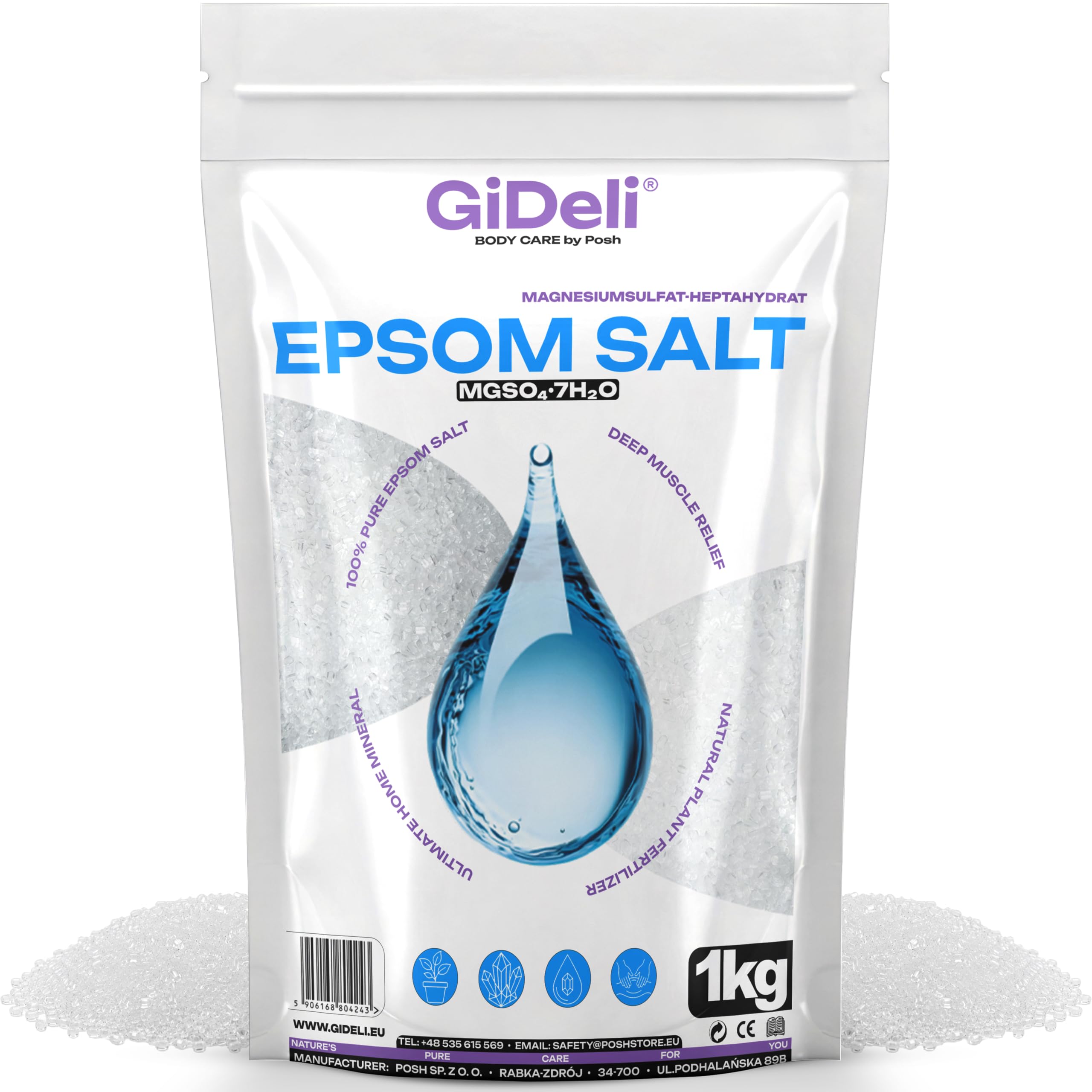 GiDeli Epsom sól do kąpieli, sól gorzka, czysty siarczan magnezu, heptahydrat, jakość farmaceutyczna (1 kg)