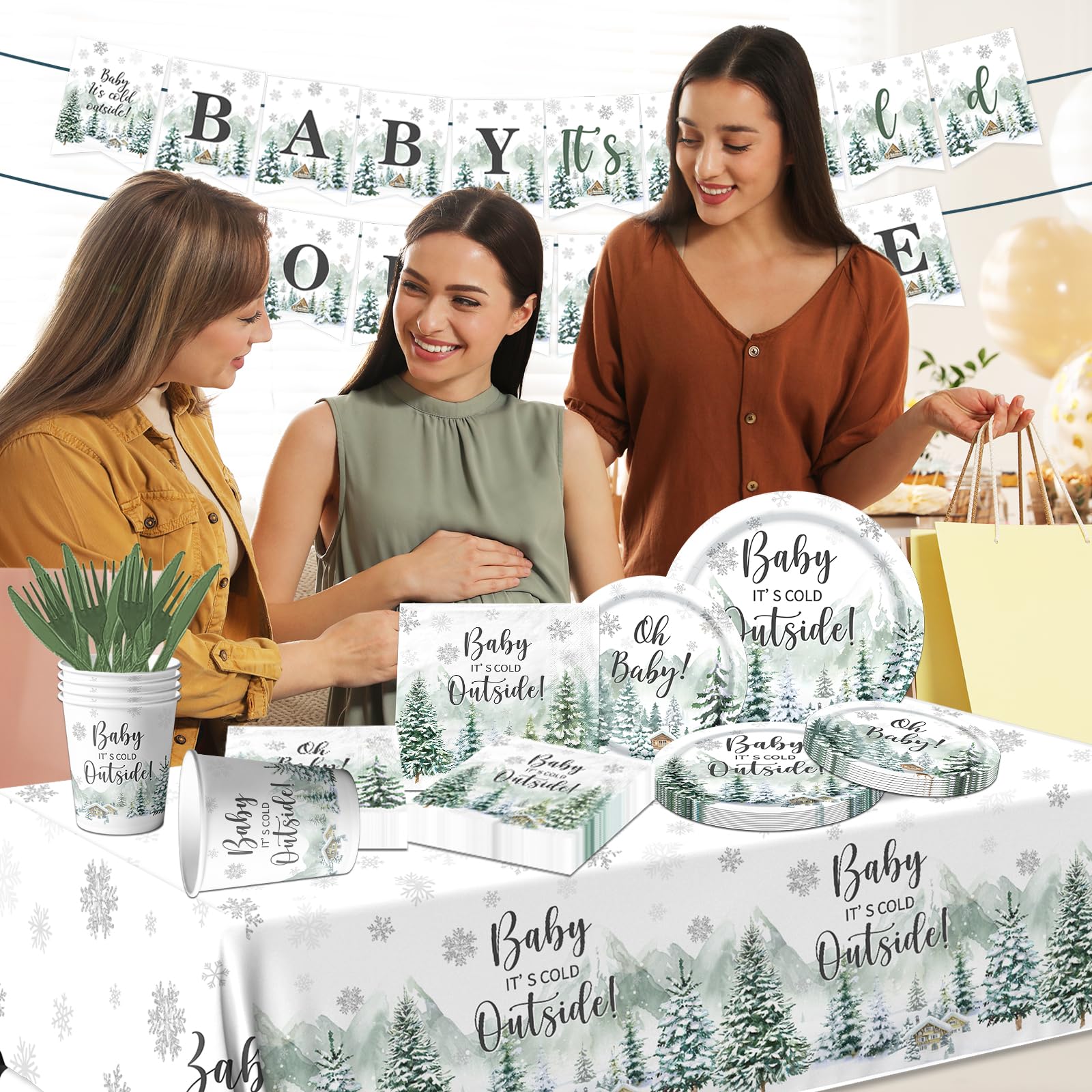 Decoraciones de invierno para baby shower, 142 piezas con texto en inglés "Baby It's Cold Out" para baby shower, platos de bosque, servilletas, mantel, pancarta de revelación de género, decoraciones