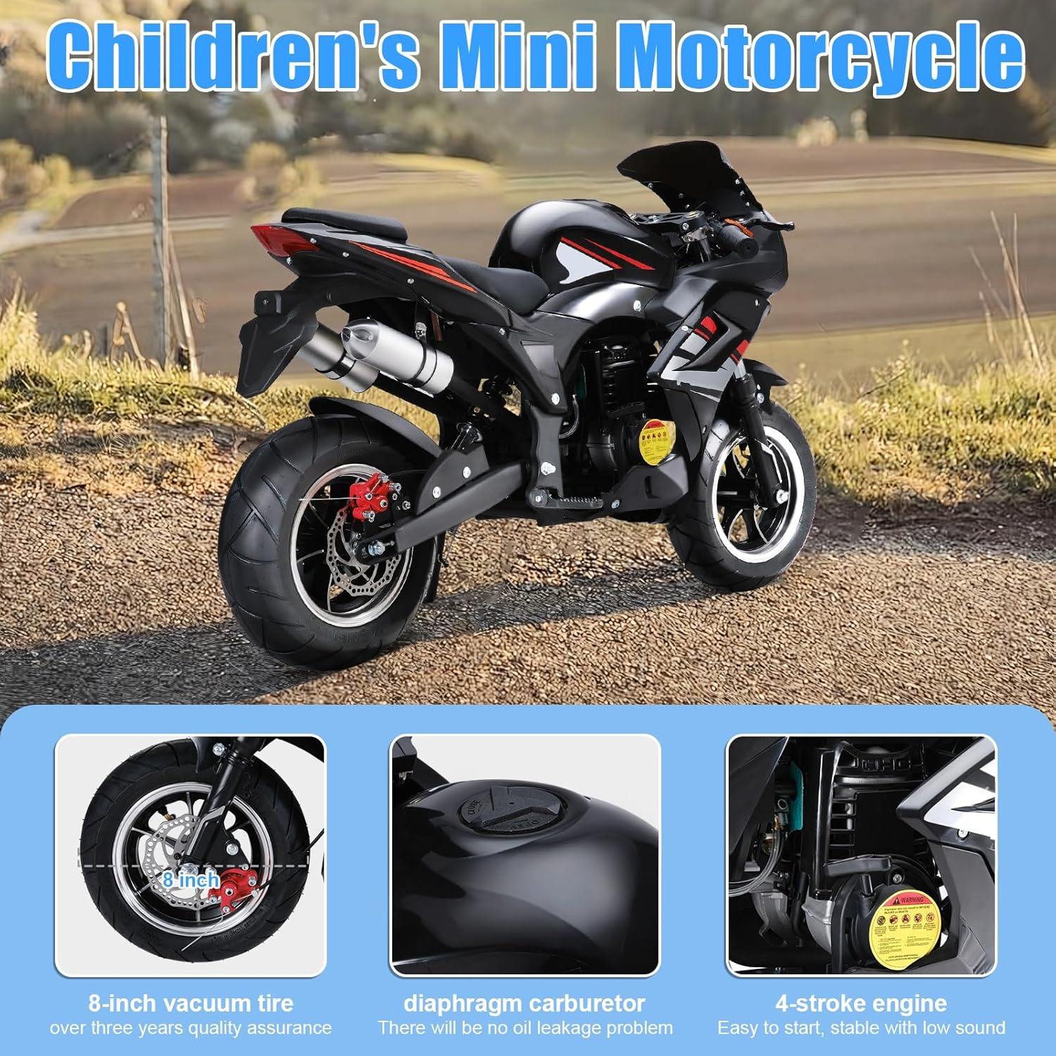 49cc 4-Stroke Pocket Rocket Motorcycle, Gas Motocross Kids Dirt Bike 8 Inch Wheels Mini Motorcycle,Gas Pocket Motorbike with Front Rear Disc Brakes, Dual Headlights for Kids Teens Black