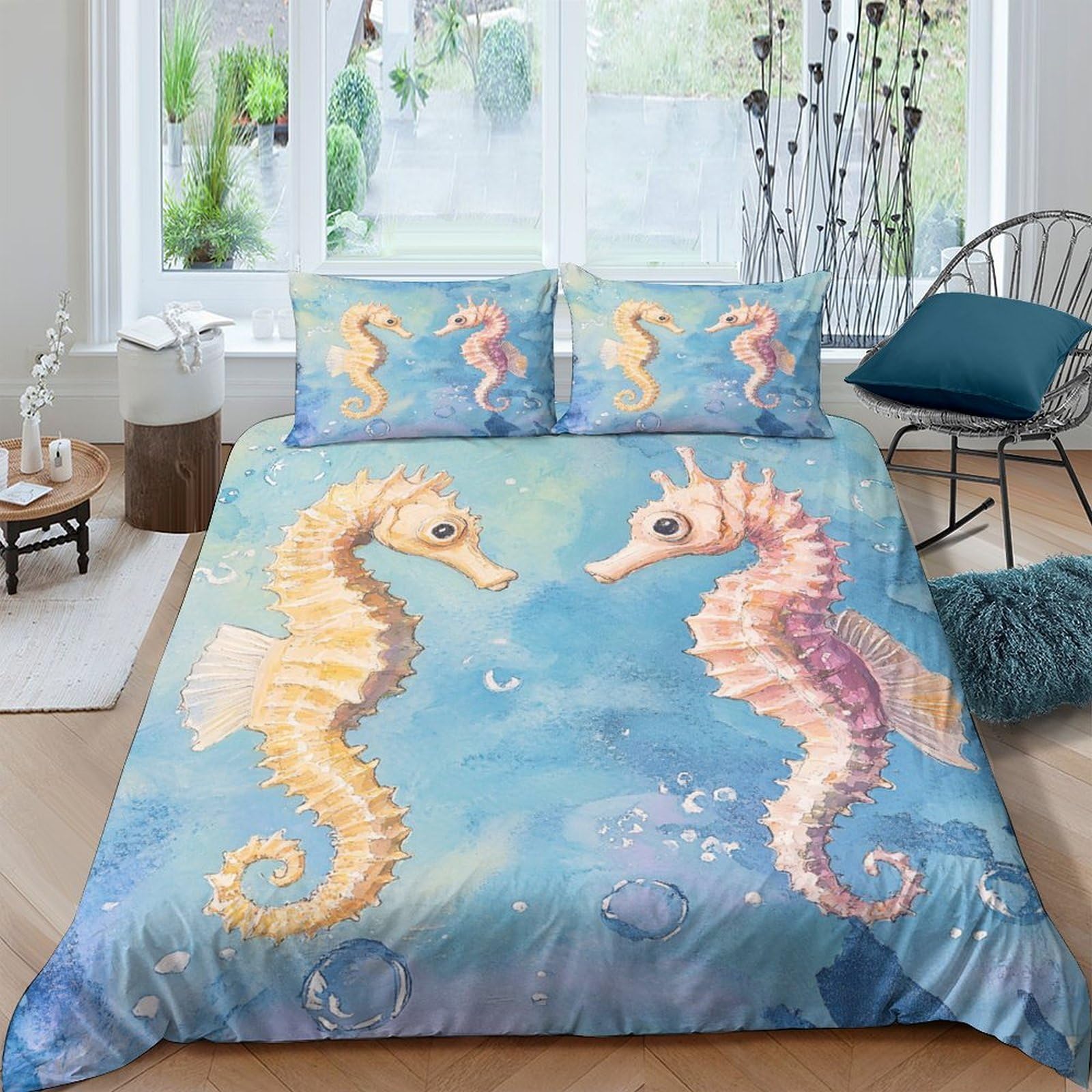Ctjqhvkz Style-4 3D Printed Ocean Seahorse Fitted Sheet Microfiber Soft Blue Coral Reef Bed Cover For Bedroom Dorm Mattress Decor Single（135X200cm）