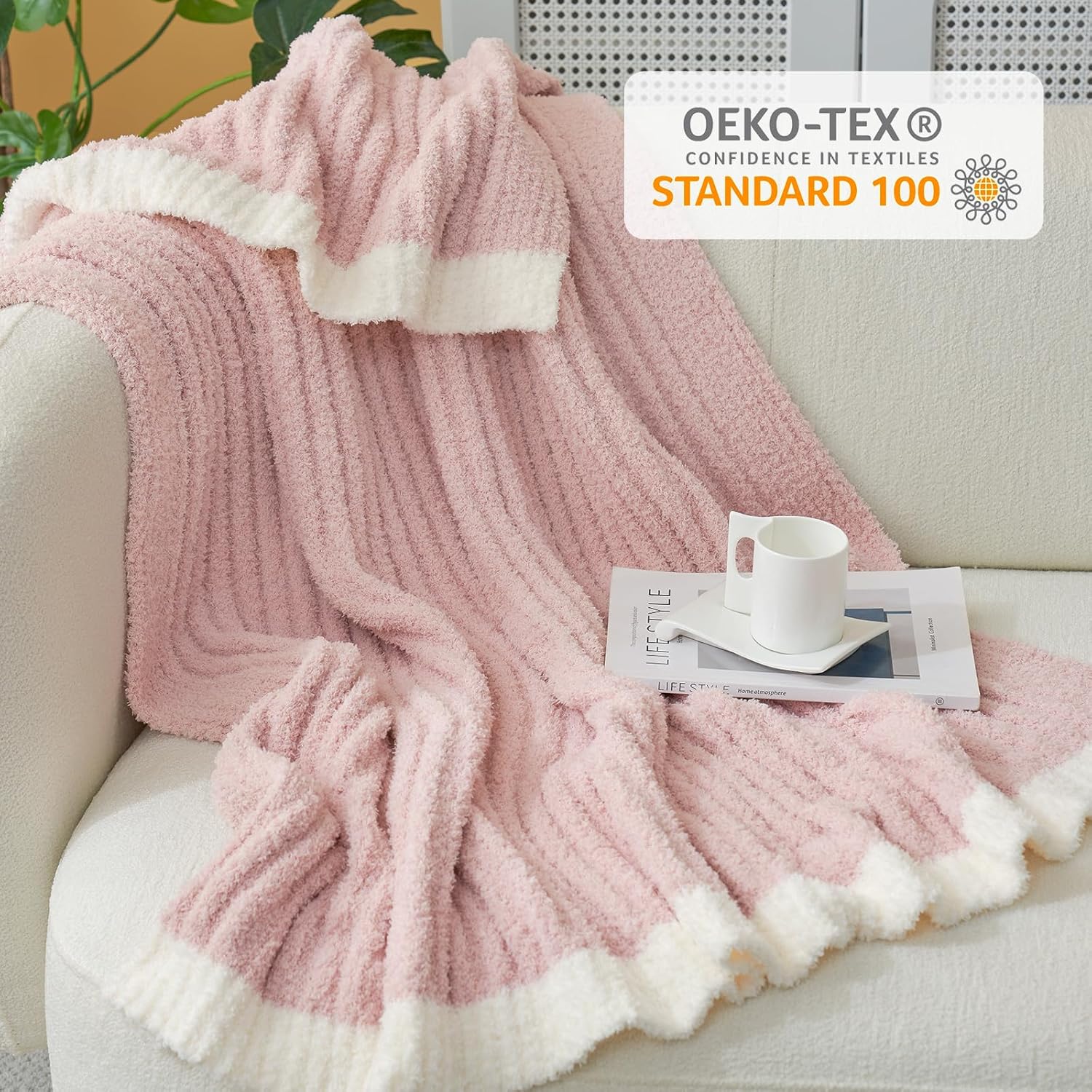 Snuggle Sac Valentines Pink Throw Blanket for Couch, Soft Cozy Ribbed Fluffy Blankets for Women, Warm Microfiber Knit Cute Throws for Girls Daughter Women Gifts for Mom, Pink, 50x60 inches - Image 5