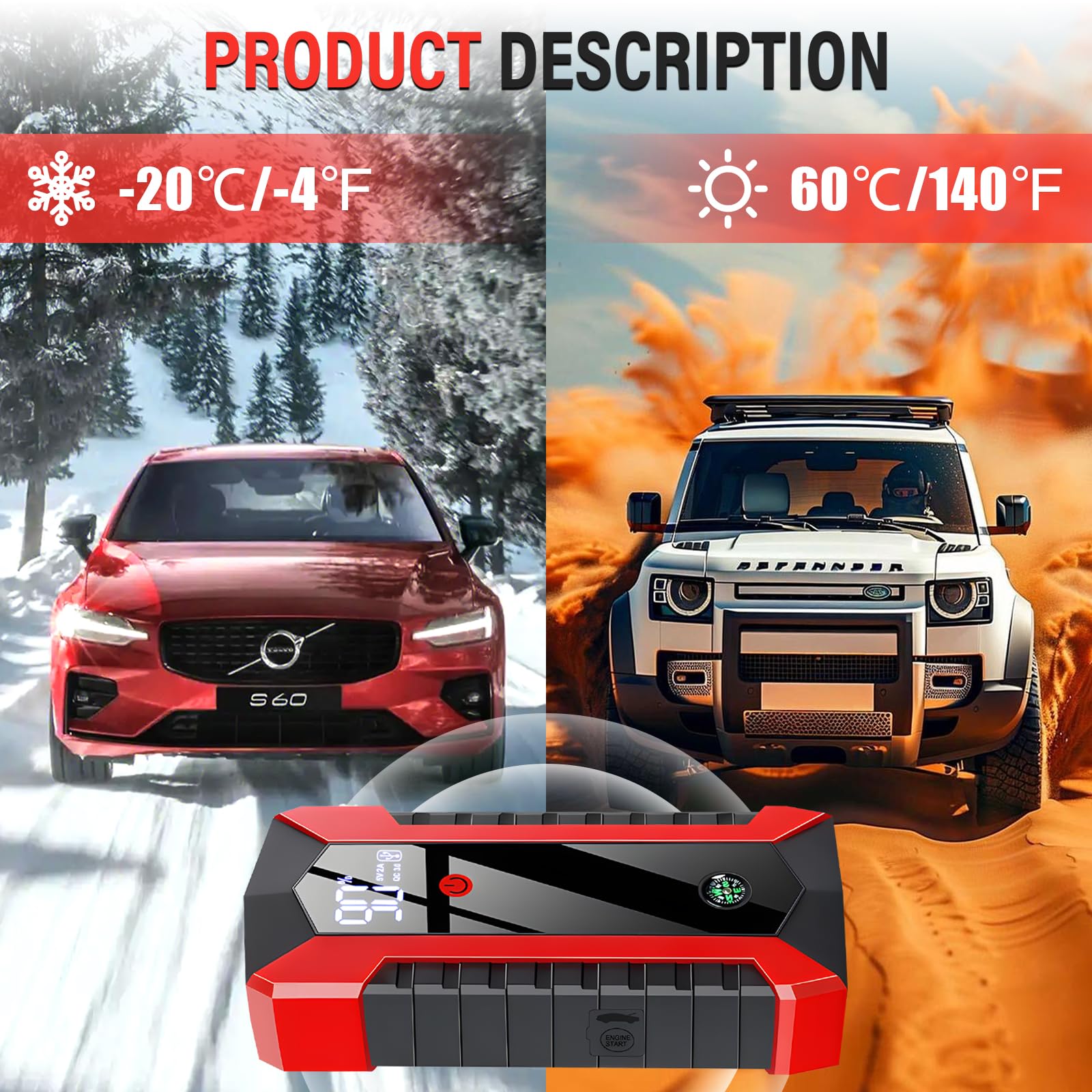 Anluomania Booster akumulator samochodowy 600 A, rozrusznik skokowy 12 V (do 3,0 l benzyny), rozrusznik samochodowy 6000 mAh, rozrusznik do akumulatora samochodowego z inteligentnymi zaciskami