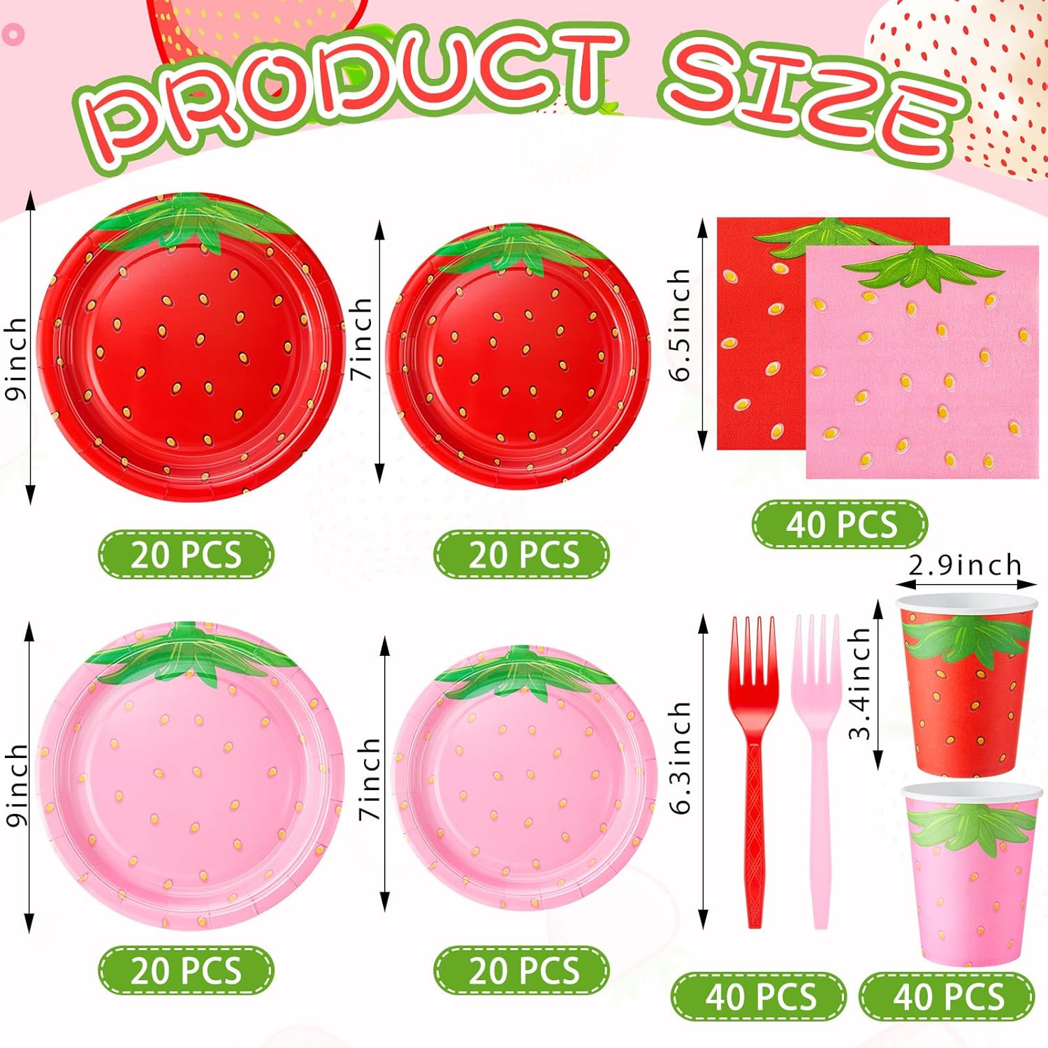 200 Pieces Strawberry Party Tableware Set Strawberry Plates Napkins Forks Cups Party Supplies Sweet Red Pink Baby Shower Birthday Decoration for Guests - Image 2