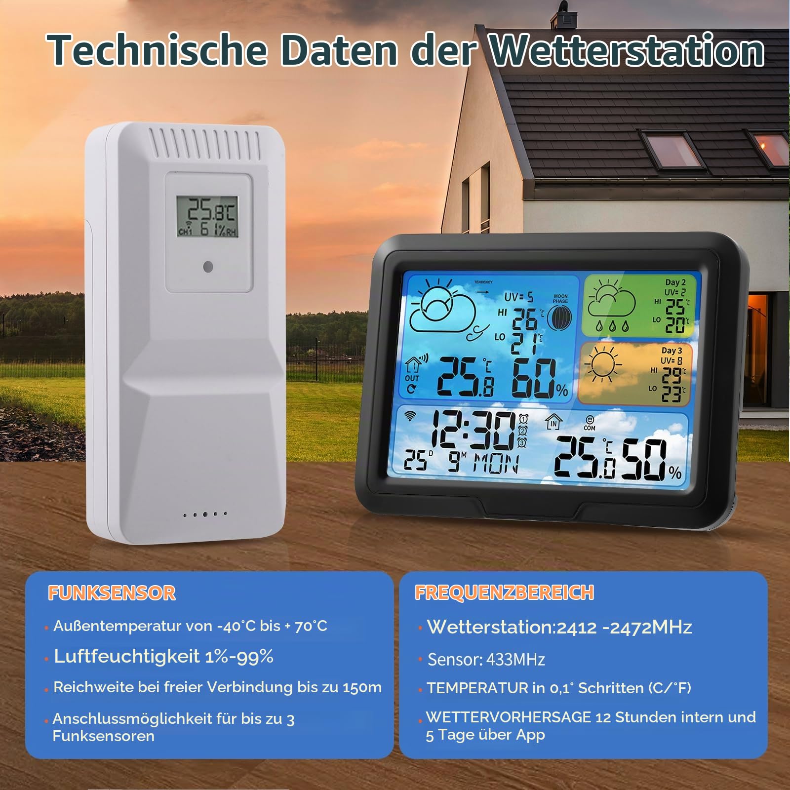Wetterstation Wlan,Mit Außensensor & Wettervorhersage,Mit App Tuya Und Smartlife,Digital Farbdisplay,Batteriebetrieb Und Netzbetrieb,Wetterstation Funk Mit Außensensor Für Innen Und Außen