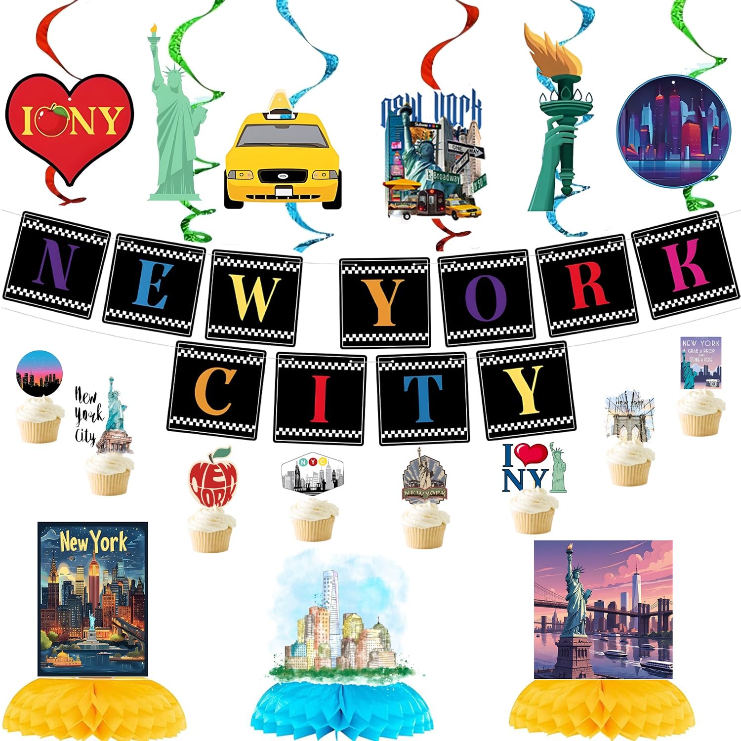 36PCS New York City Party Decorations with 2PCS American Nyc Banner 12PCS Cityscape Broadway Hanging Swirl Decorations 4PCS Honeycomb Centerpieces