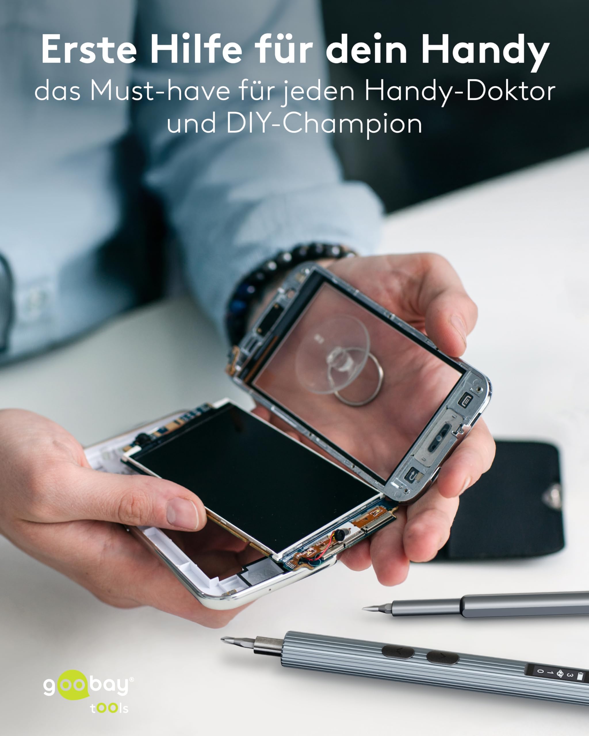 goobay Elektrischer Akkuschraubendreher 58in1 mit 50 Präzisions-Bits, magnetischem Aluminium-Case, 3 Drehmomentstufen, LED-Licht, USB-C-Ladung, Werkzeug-Set für Elektronik, Smartphone & PC
