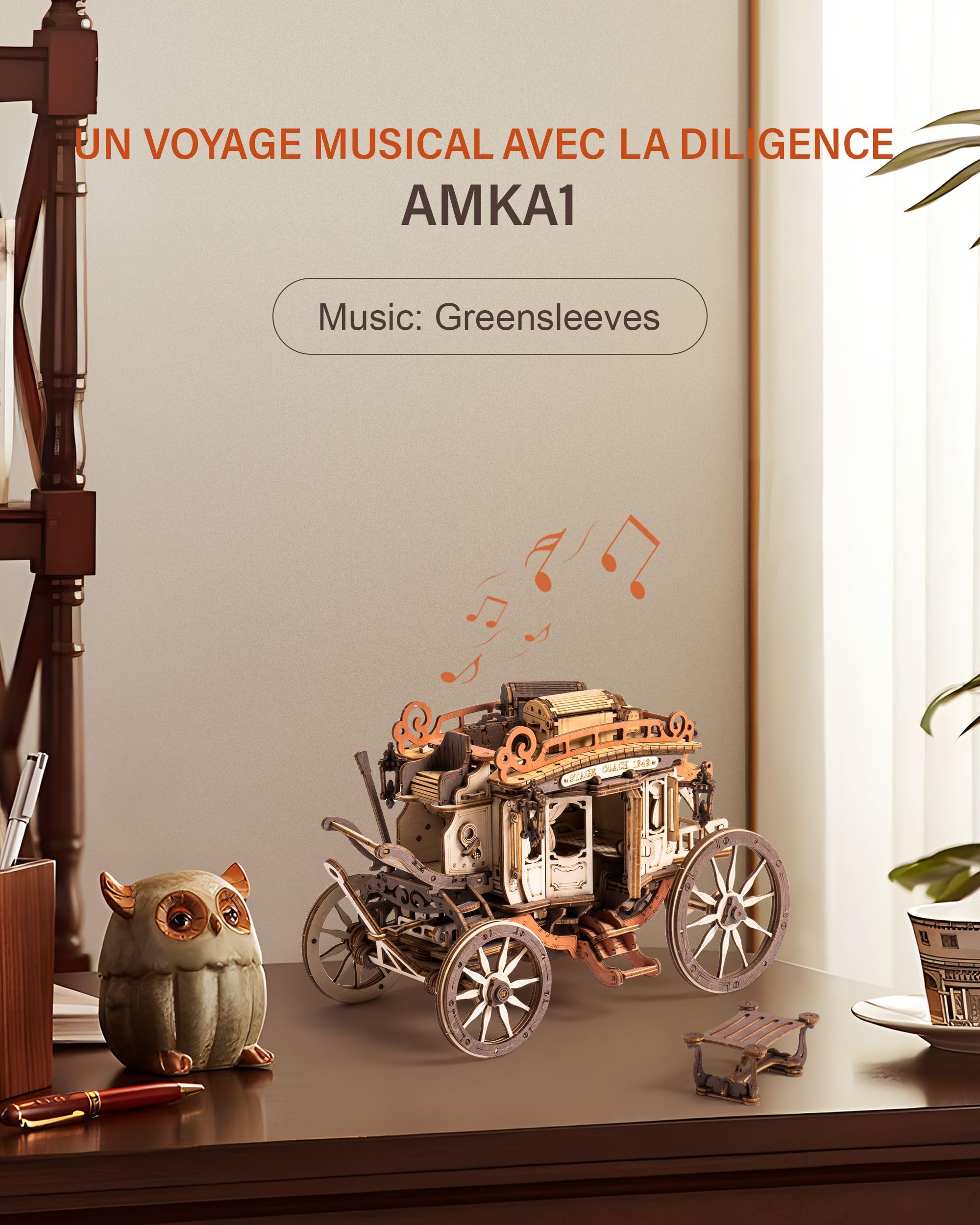 ROBOTIME Puzzle 3D en Bois, Boîte à Musique, Maquette Adulte a Construire, Modelisme Kit Construction Mécanique, Cadeaux pour Adolescents, Découpe au Laser - Diligence