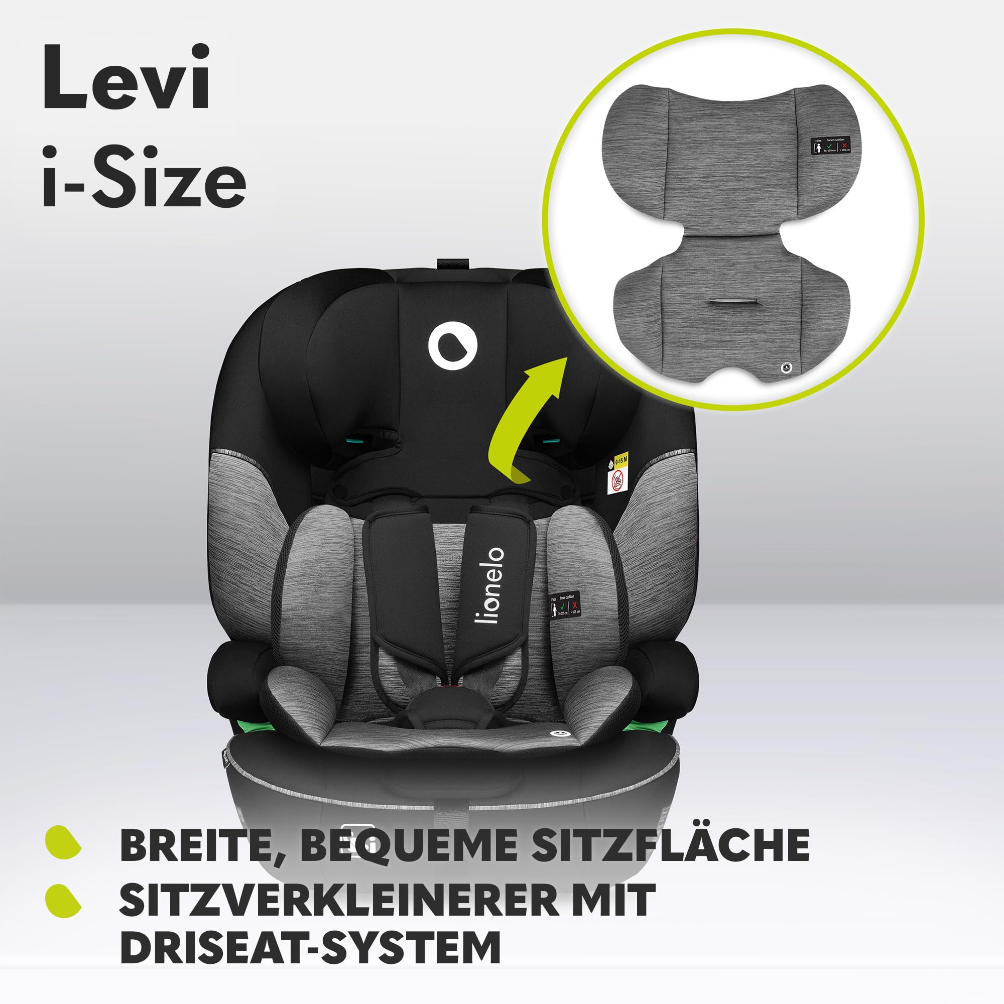 Lionelo Levi i-Size Kinderautositz Gruppe 1/2/3 9-36 kg i-Size R129/03 5-Punkt-Gurt Memory-Schaum Kopfstütze