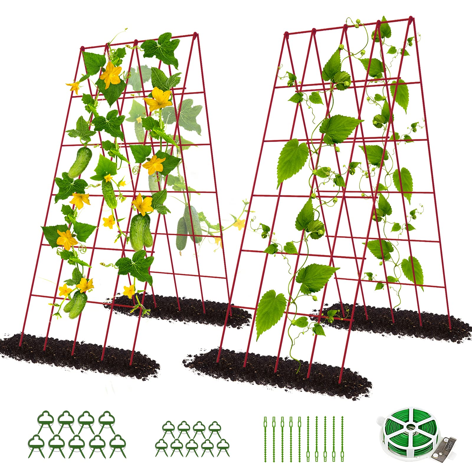 DoCred Cucumber Trellis, 2 Pack Foldable A Frame Trellis for Raised Bed Climbing Plants, Vegetables, includes Plant Support Clips, Twist Ties, Plastic Ties- Made from PVC-Coated Steel