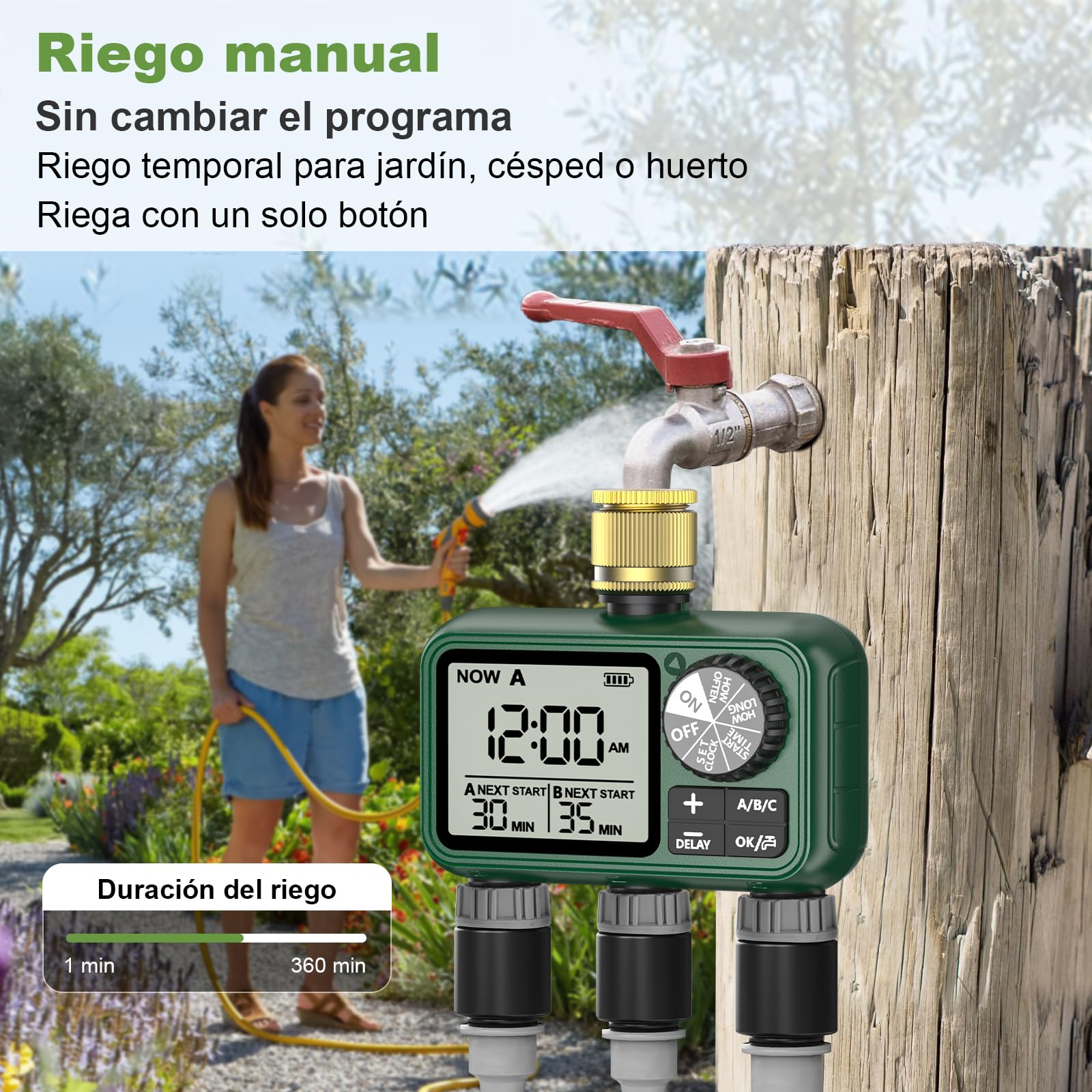 Programador Riego 3 Salidas con Entrada de Latón, Pantalla LCD Grande, Temporizador de Riego Automatico con Retraso por Lluvia, Riego Automático/Manual, Programador de Riego para Jardín Césped