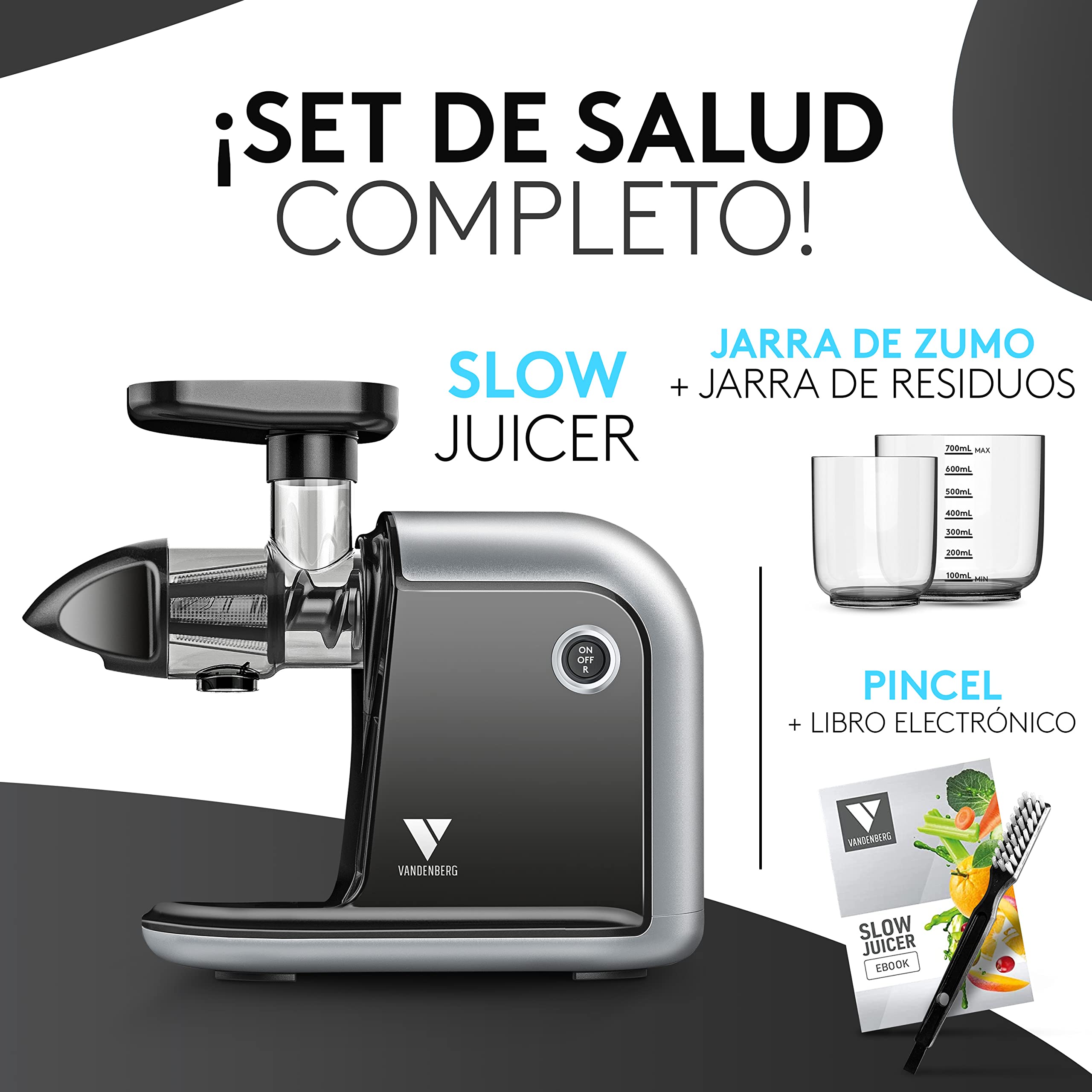 Vandenberg [EL ORIGINAL] - Slow Juicer - Exprimidor de verduras y frutas - [150 W] Exprimidor eléctrico con función inversa que ahorra vitaminas incluye cepillo de limpieza - Sin BPA