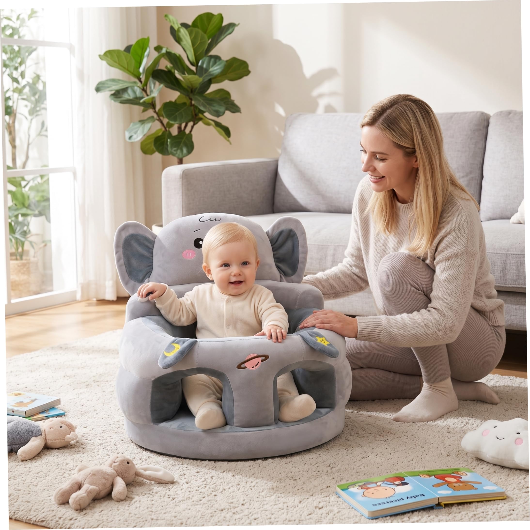 Sit Me Up Bodensitz für Babys, weicher Babysitz-Stützstuhl, grauer Elefanten-Kindersitz (17, 7 x 17, 7 x 15, 8 Zoll)