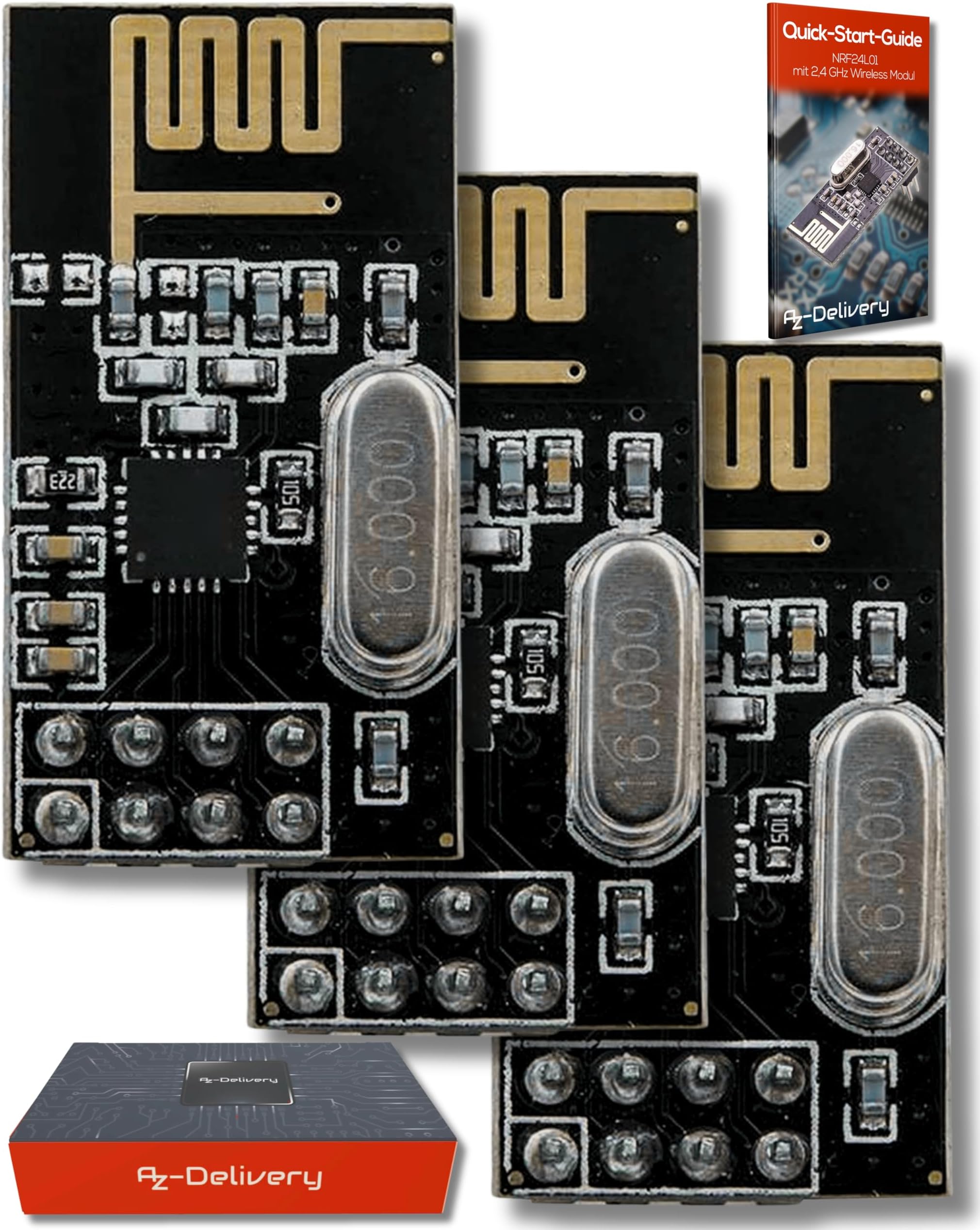 AZDelivery 3 x NRF24L01 + 2.4GHz Wireless RF Transceiver Module compatible with Arduino and ESP8266 Including E-Book!
