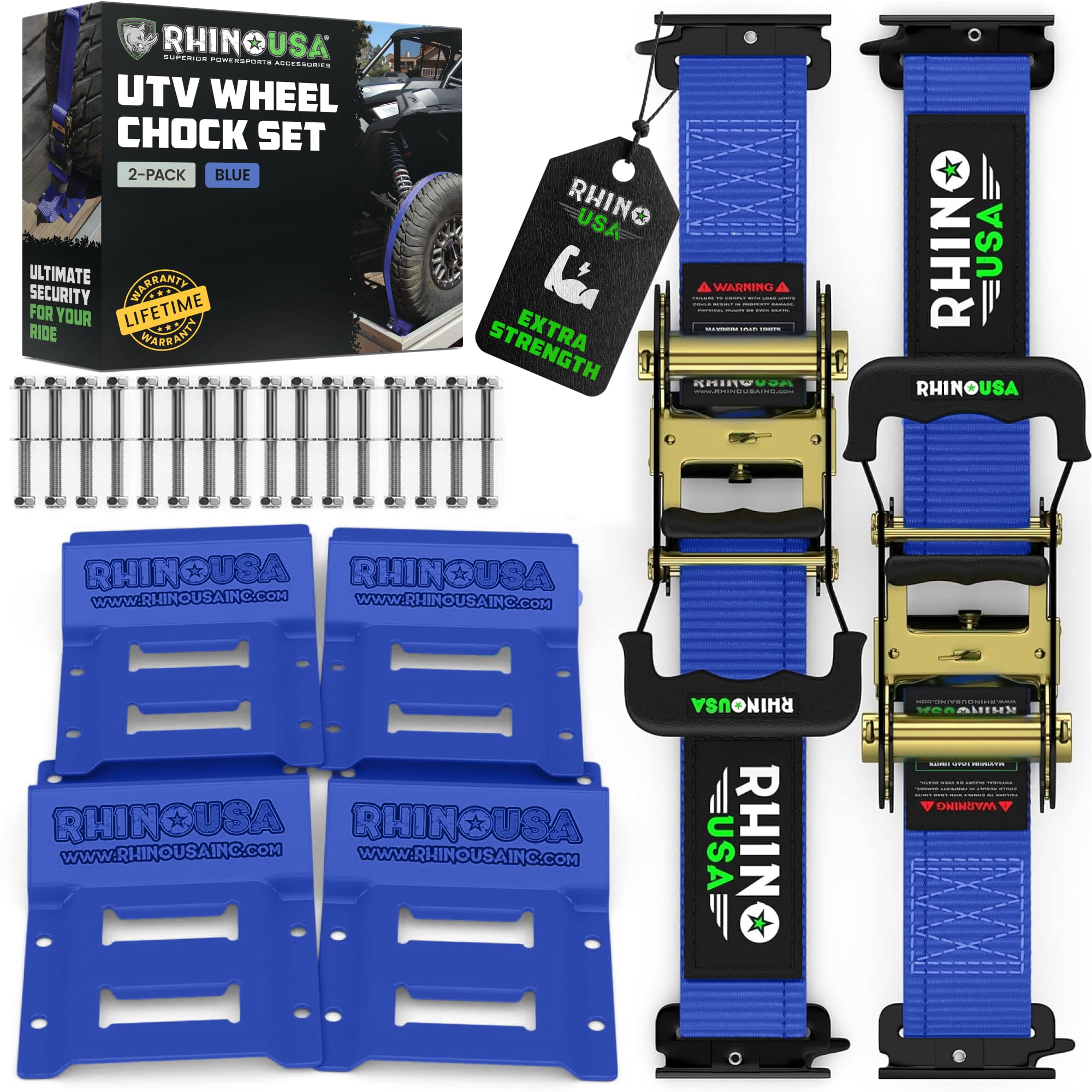 Rhino USA Wheel Chock Tie Down Kit (4,500lb Break Strength) (2) Heavy Duty Trailer Tire Ratchet Straps (4) Wheel Chocks - E Track System for ATV, UTV, Lawn Mower, Four Wheeler - Blue