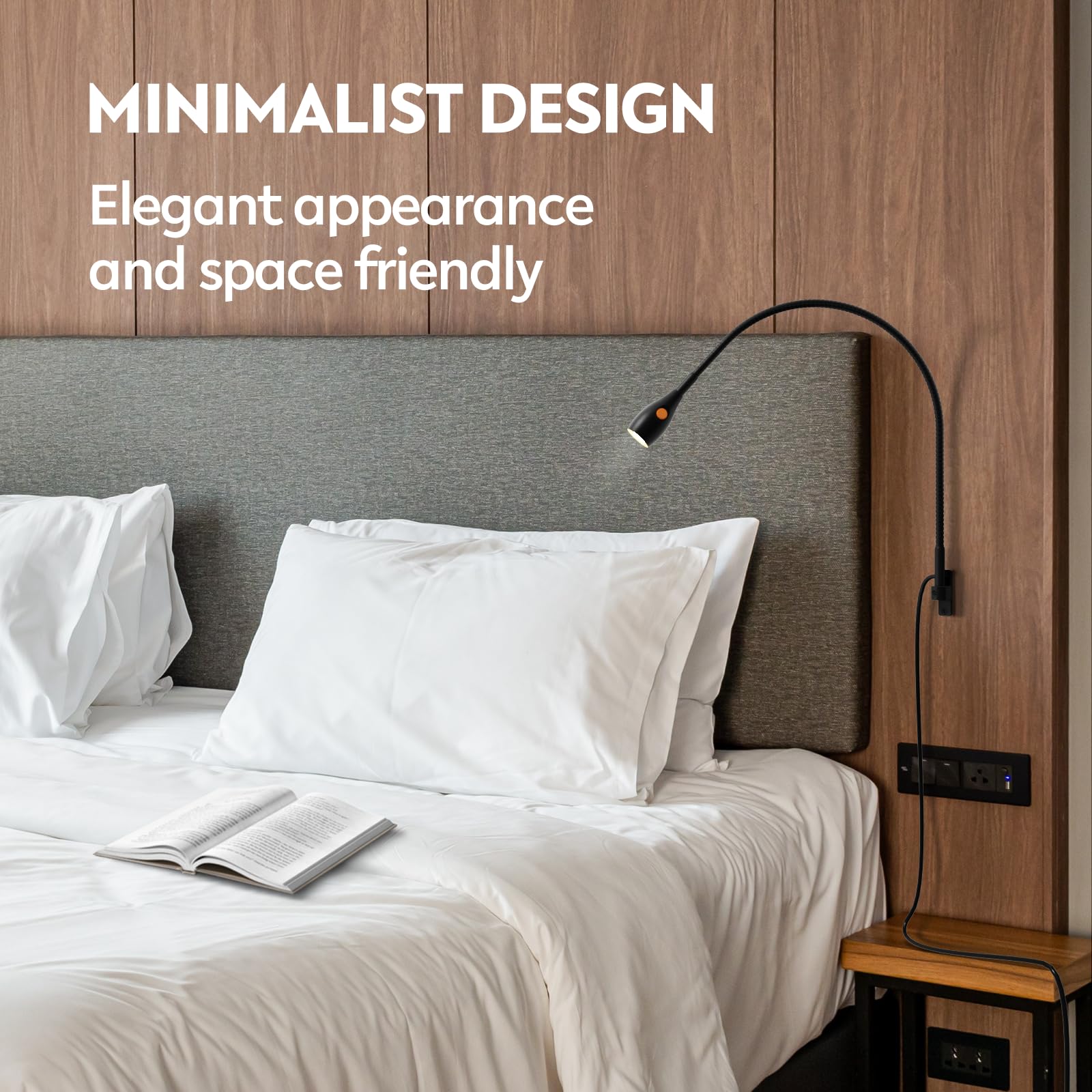 acegoo Wall Mounted Minimalist Bedside Reading Light, Wooden Headboard Mount Flexible Gooseneck Book Light, Handy Lamp Head Switch, CRI 98+ 4000K LED, Powered by USB