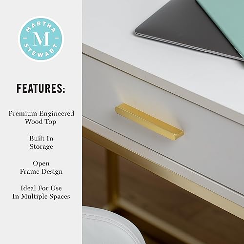 Miniatura 10 de Martha Stewart Ollie Escritorio de oficina en casa con 3 cajones en blanco con herrajes de latón pulido