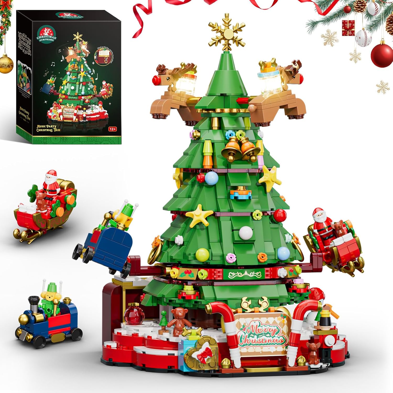 Christmas Tree Building Set with Lights, Christmas Tree Building Blocks Set with Music Box, Flying Reindeer, and Santa Claus Riding a Sleigh, Christmas Toy for Kids
