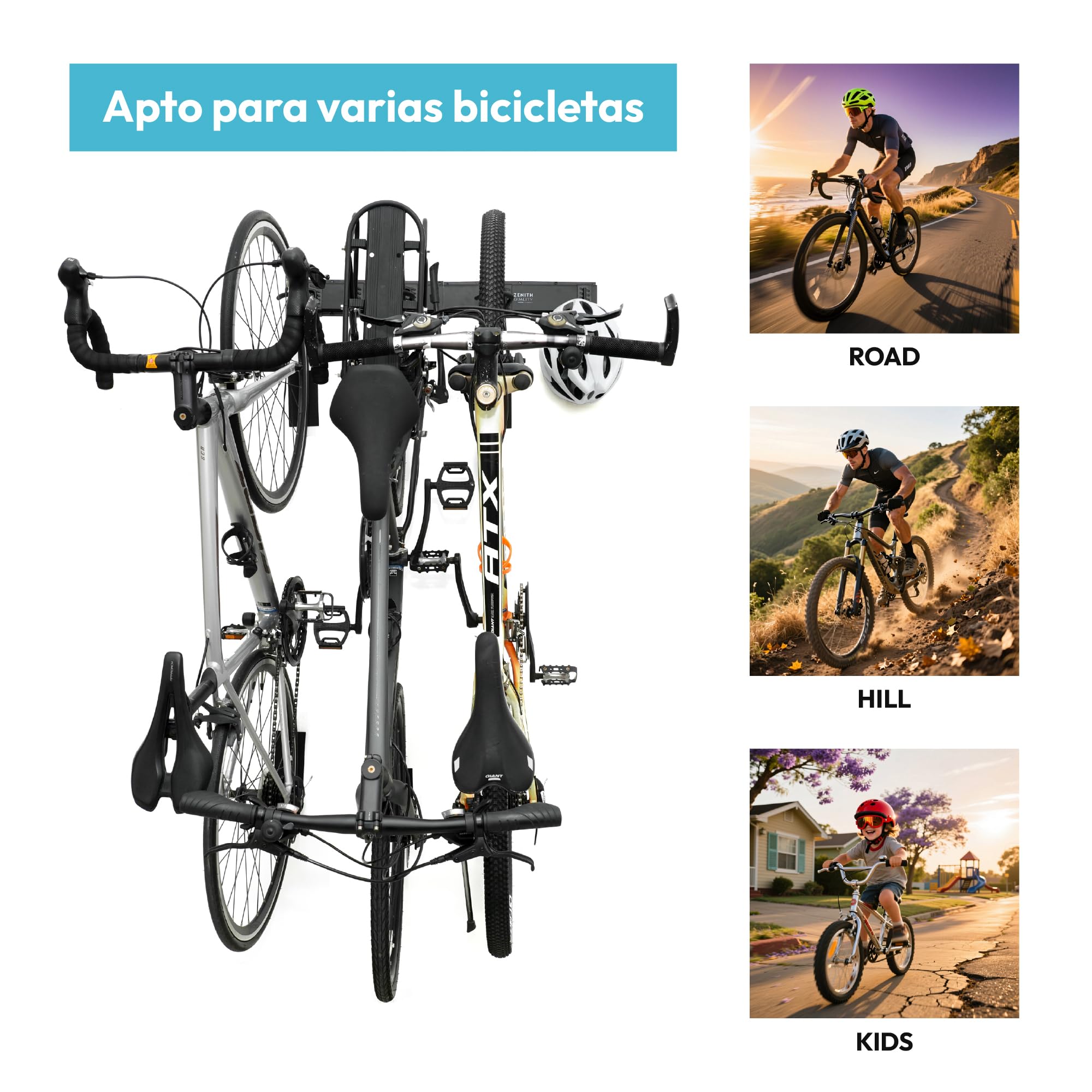 ZQ - Soporte bicicleta pared y soporte bicicletas pared | Gancho bici con 4 ganchos para bicicletas, 3 para cascos y capacidad 136 kg | Incluye pegatinas protectoras