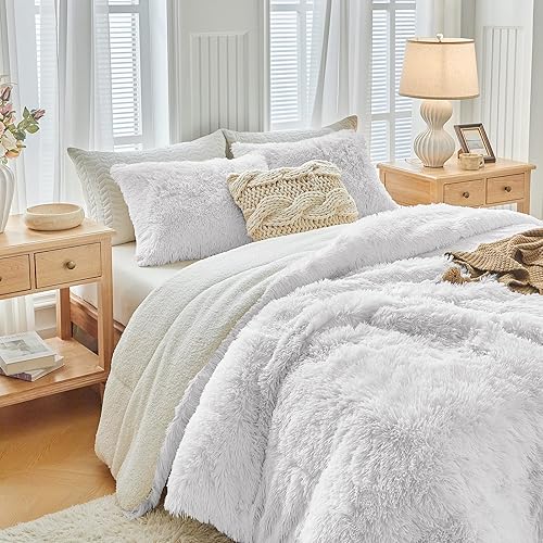 Miniatura 4 de UOZZI BEDDING Juego de edredón blanco de piel sintética tamaño Queen de 3 piezas, 1 juego de edredón blanco lanudo y 2 fundas de almohada, ultra